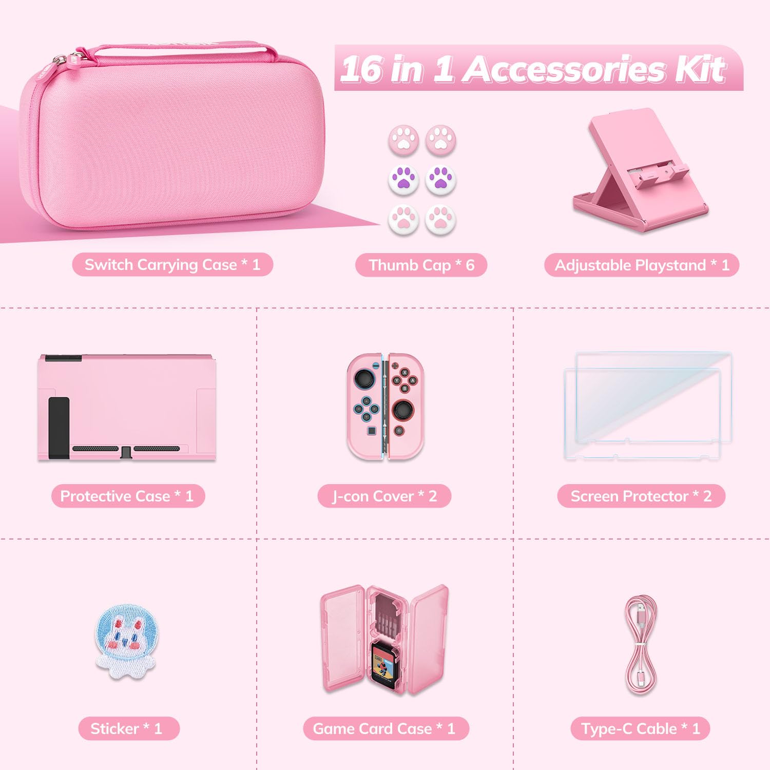 16-in-1 Pink Switch Carrying Case for Original Model - Travel Protection & Accessories for Girls Gaming