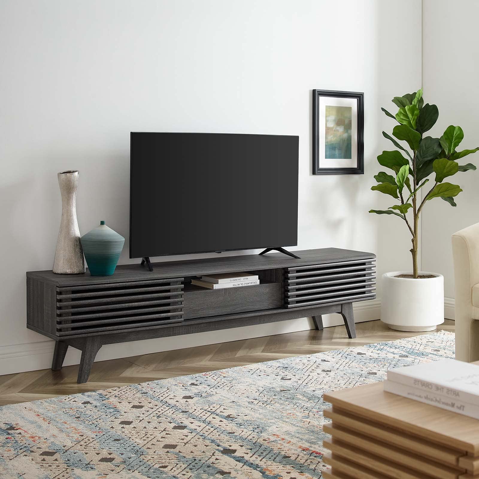 Modern Dark Grey Wood TV Stand Console Table - Stylish Media Entertainment Center for Living Room, Lounge, Hotel & Hospitality Spaces