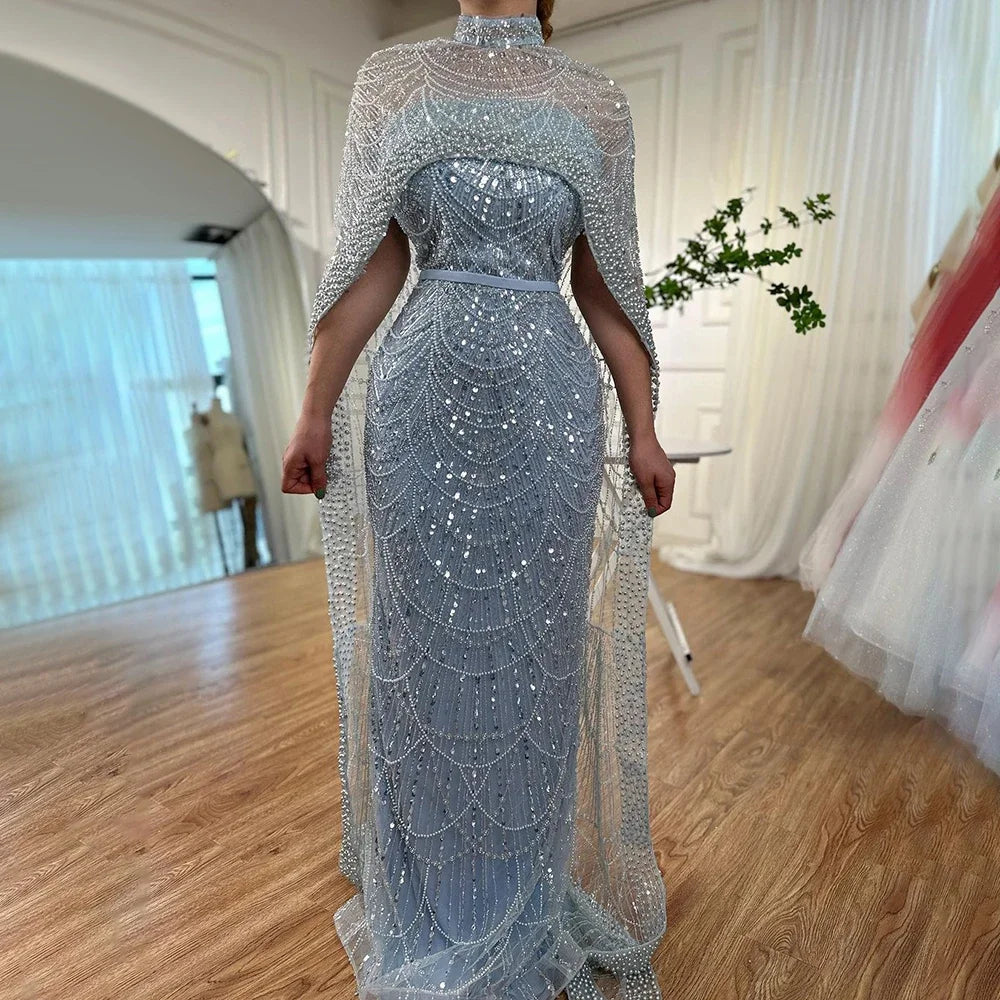 Elegant Green Pearl Evening Gown with Detachable Cape - LA72032 | Luxury Designer Dress for Prom, Gala & Formal Events
