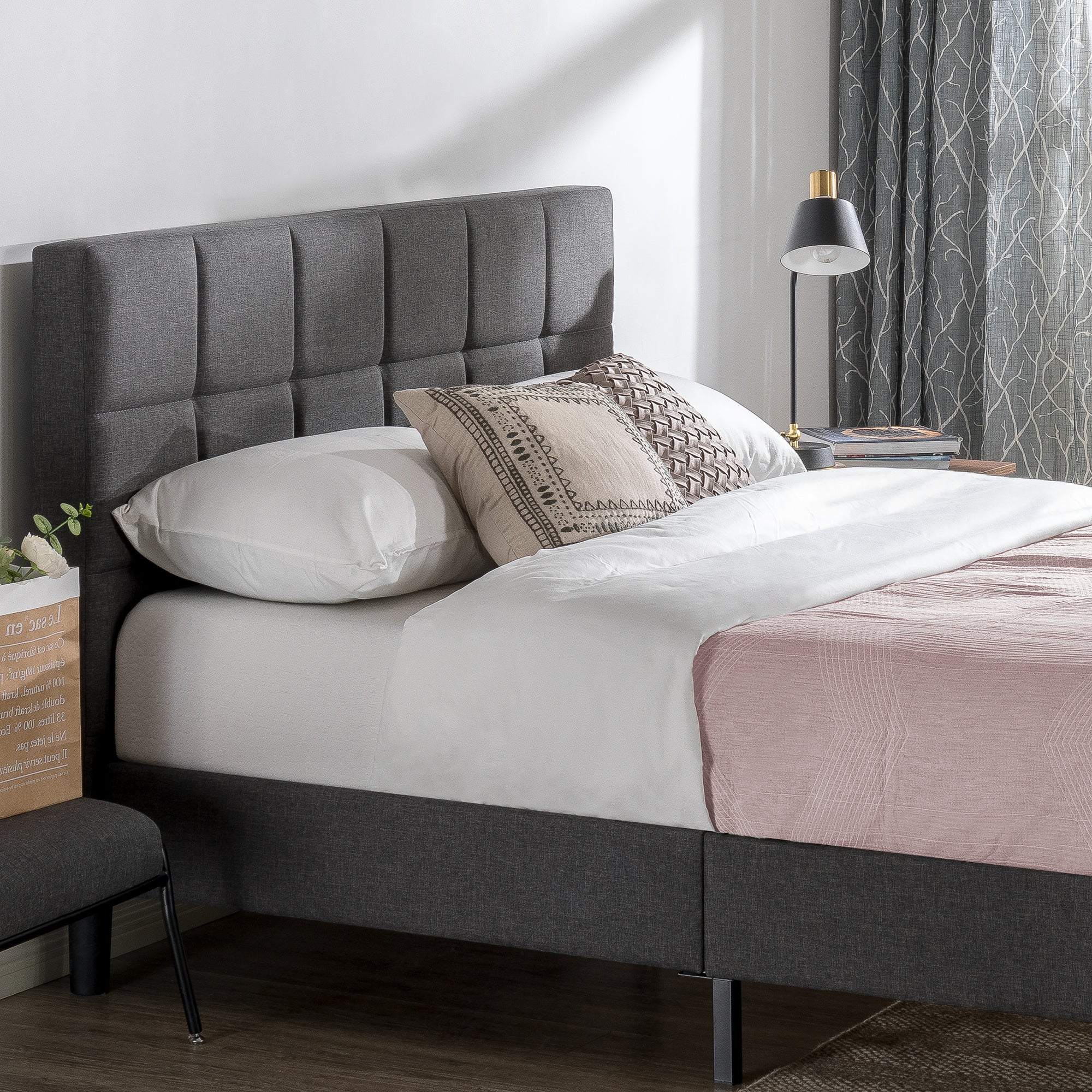 Zinus Lottie Upholstered Platform Bed Frame with Wooden Slats - Queen Size, Modern Upholstered Bed Frame with Headboard, Easy Assembly, Bedroom Furniture for Adults & Guest Rooms