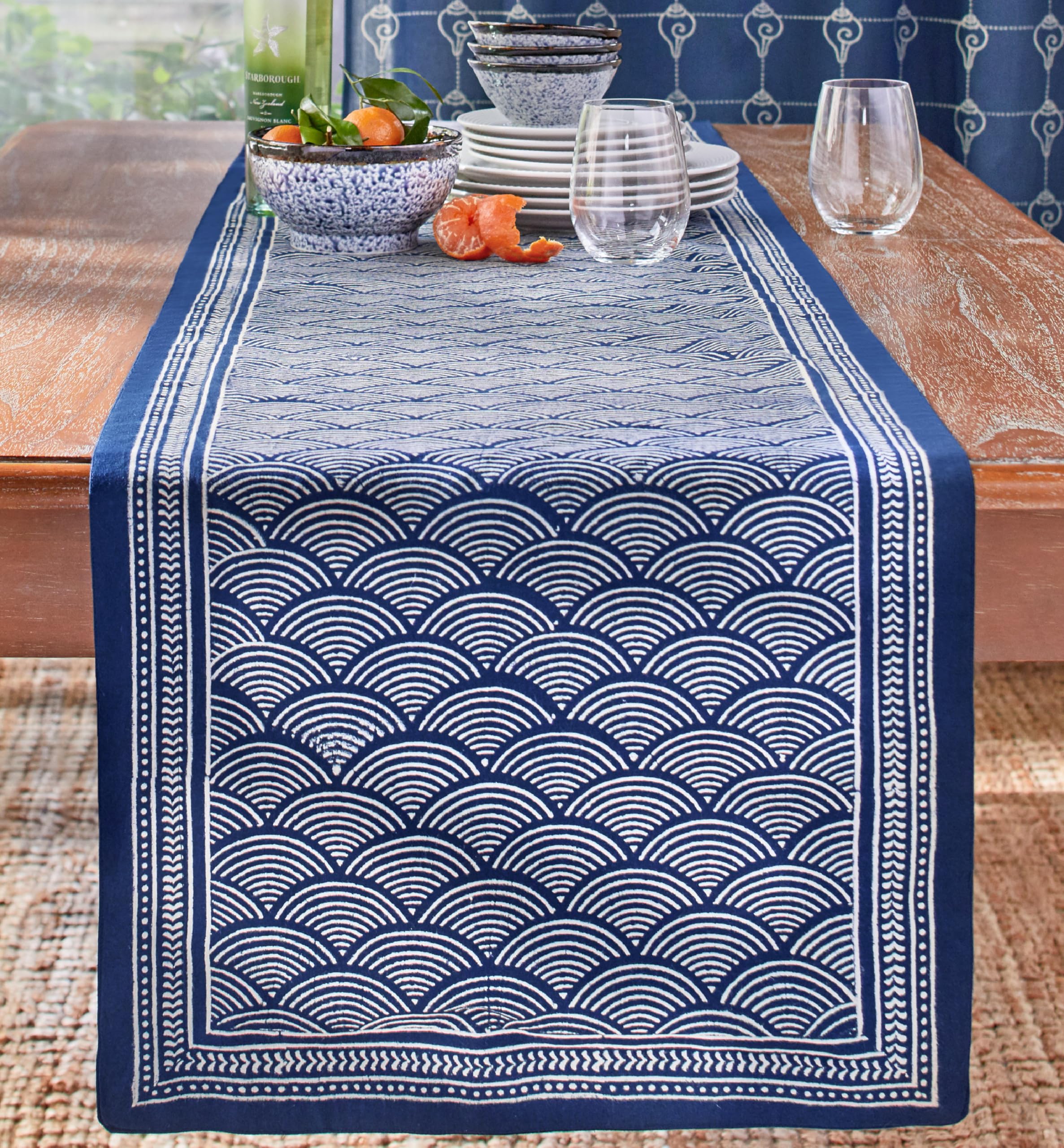 Blue Table Runner 18x120 Inches - Hand Block Printed Cotton Dining Table Centerpiece | 100% Washable Boho & Farmhouse Home Decor | Perfect for Dining Tables, Coffee Tables, and Wedding Decor