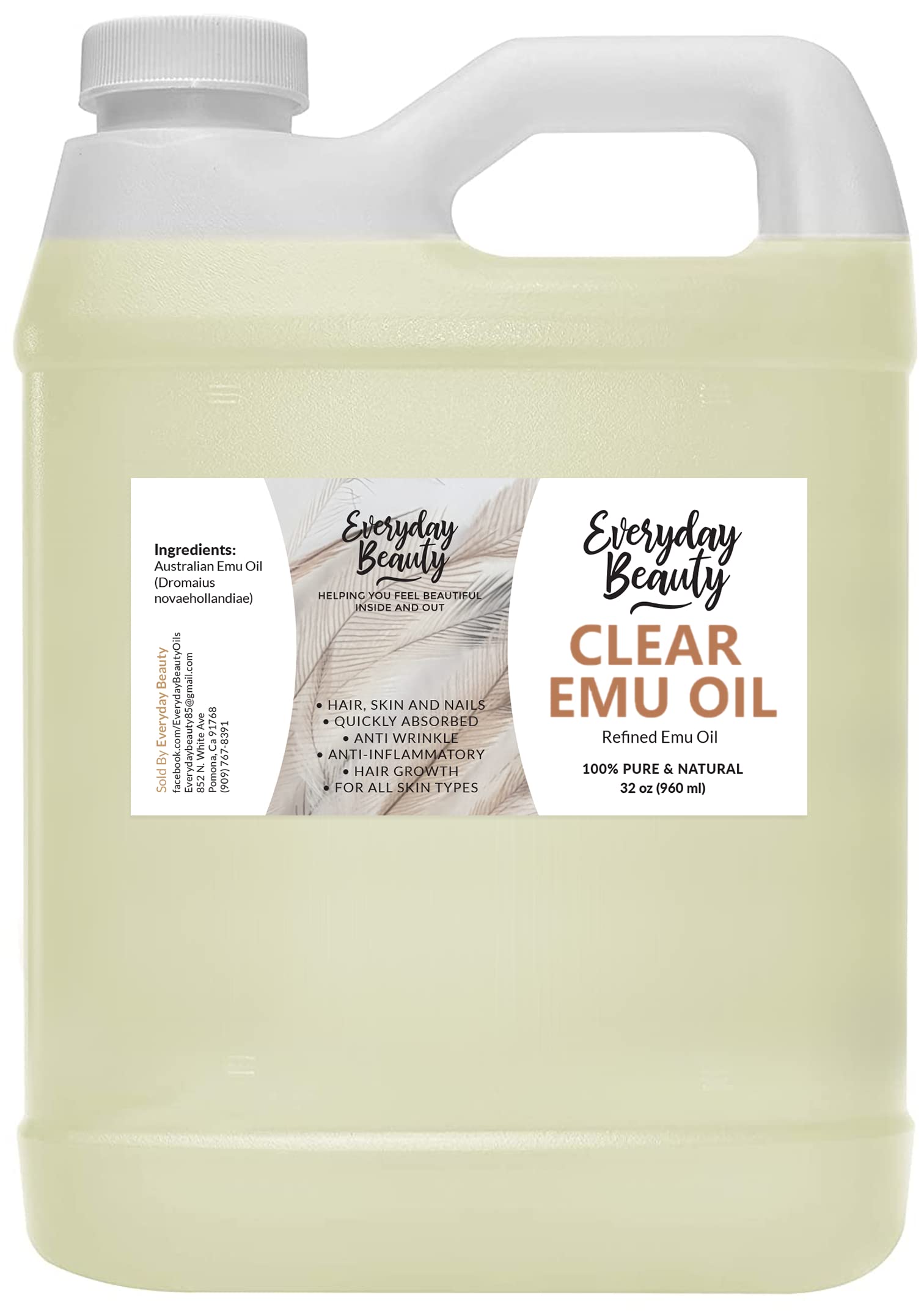 **Pure 32 Fl Oz Emu Oil - 6X Refined for Face, Skin & Hair Care - Deep Hydration for Sensitive Skin & Hair Growth - Reduces Scars & Blemishes - Ideal for Massage, DIY Beauty & Healing Treatments**