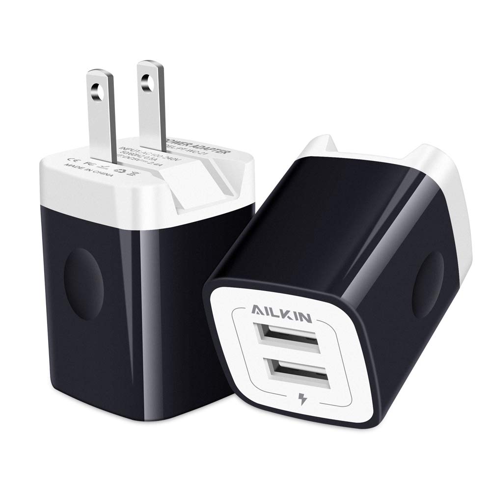 AILKIN 2-Pack Dual USB Wall Charger - 2.4A Fast Charging Cube with Foldable Plug for iPhone XR/XS/XS Max, Samsung & Smartphones | Compact Travel Charger for Home, Office & Hotel Use (Black)