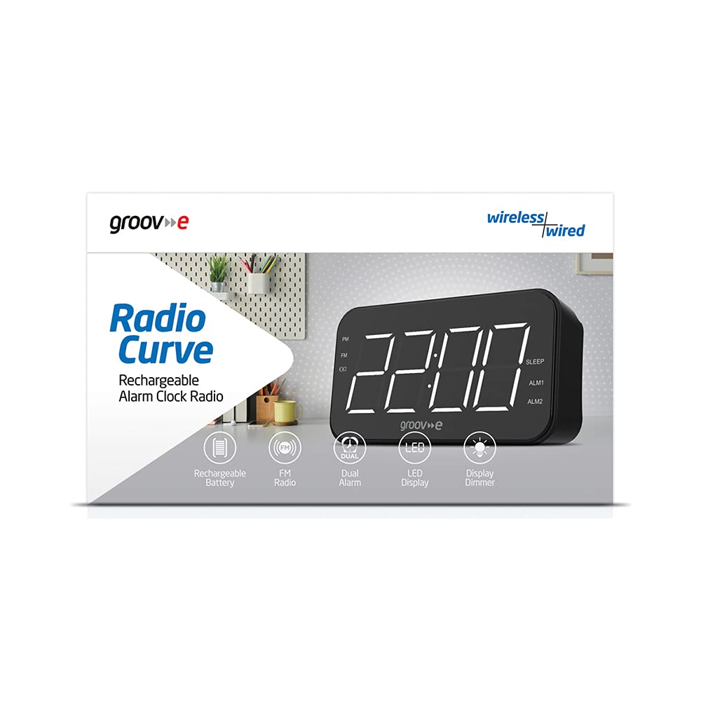 Groove Curve Radio - Rechargeable Digital FM Radio Alarm Clock with LCD Display, Dual Alarm, Dimmer & USB-C Charging - 20 Preset Stations - Perfect for Bedroom, Office, Travel & Emergency Use