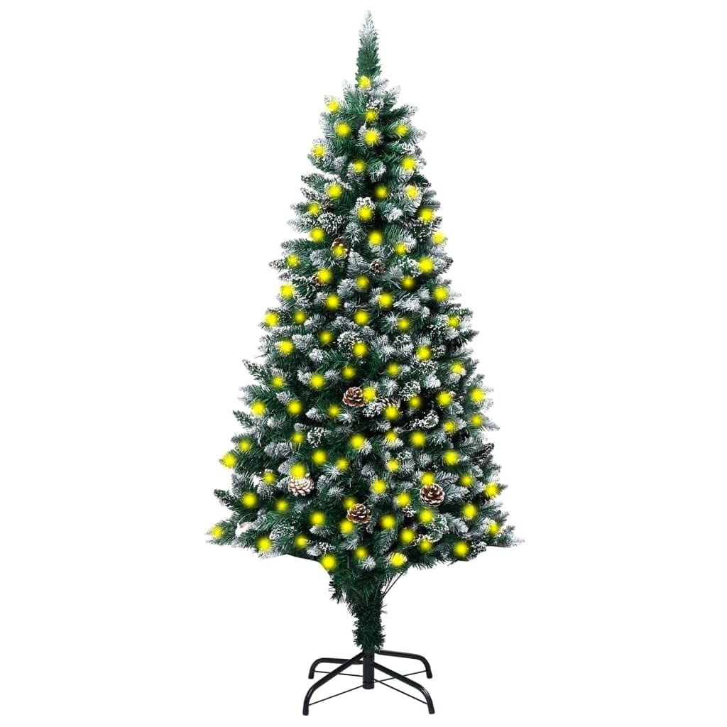 7ft Pre-Lit Snow Flocked Artificial Christmas Tree with 680 Branch Tips & Pine Cones - 300 Warm White LED Lights, Metal Stand (Green/White) for Home, Office, Party & Holiday Decorations - Perfect for Living Room, Christmas Celebrations & Festive Gatherings