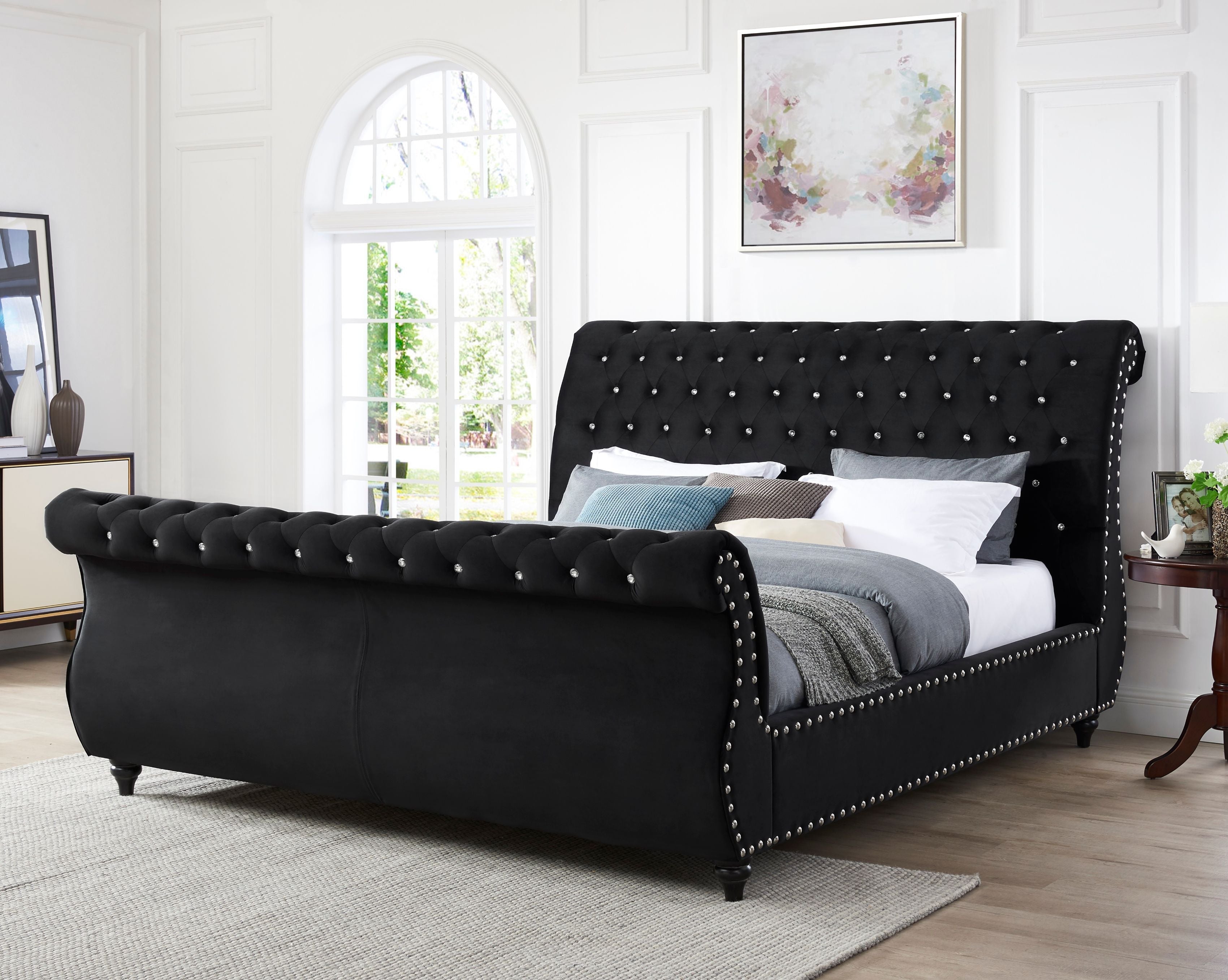 Roundhill Furniture Evora Velvet Upholstered Crystal Button Tufted Sleigh Bed - Queen Size Black Luxury Bed Frame for Master Bedroom | Elegant Tufted Headboard & Sturdy Wooden Base