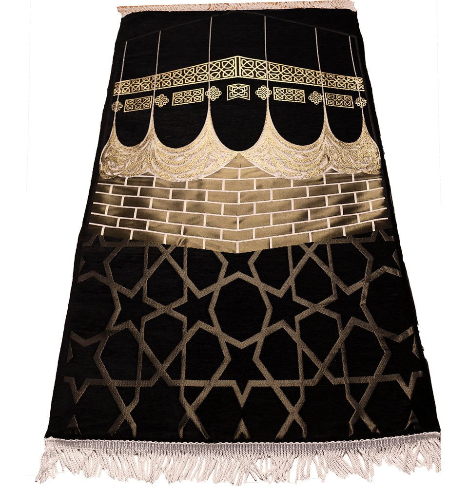 Premium Foldable Foam Islamic Prayer Mat - Mecca Inspired Kaba Star Design in Elegant Black | Perfect for Home, Mosque & Travel Prayer Needs