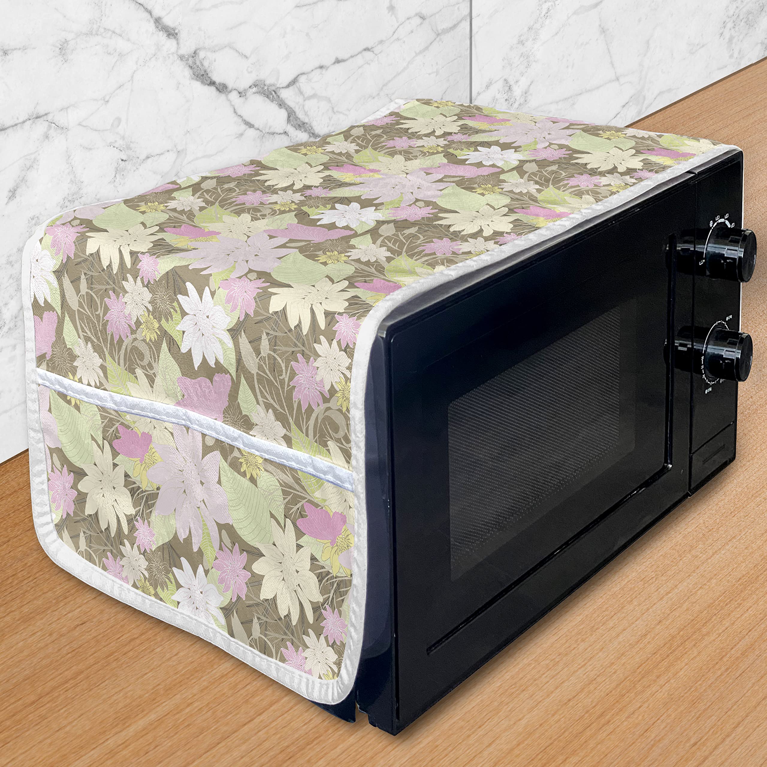 Ambesonne Floral Microwave Cover - Soft Pastel Vintage English Garden Design, Water Resistant Kitchen Organizer with Pockets, 36