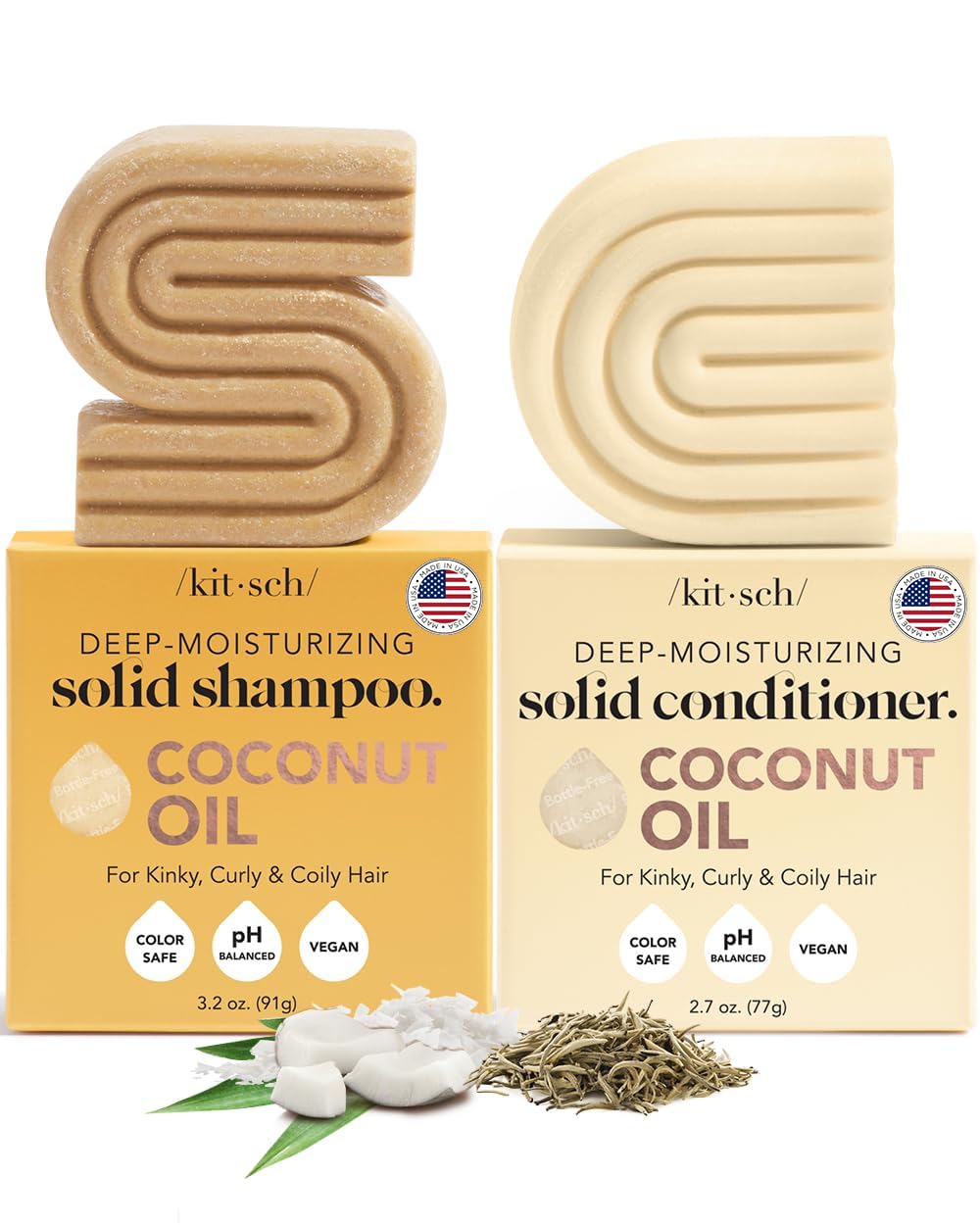 Kitsch Deep Moisturizing Coconut Oil Shampoo & Conditioner Bar Set - Sulfate Free, Paraben Free for Dry, Damaged, Curly, Coily & Color Treated Hair - Hydrating & Nourishing Solid Hair Care Bars Made in USA | Perfect for Travel, Gym & Eco-Friendly Home Use