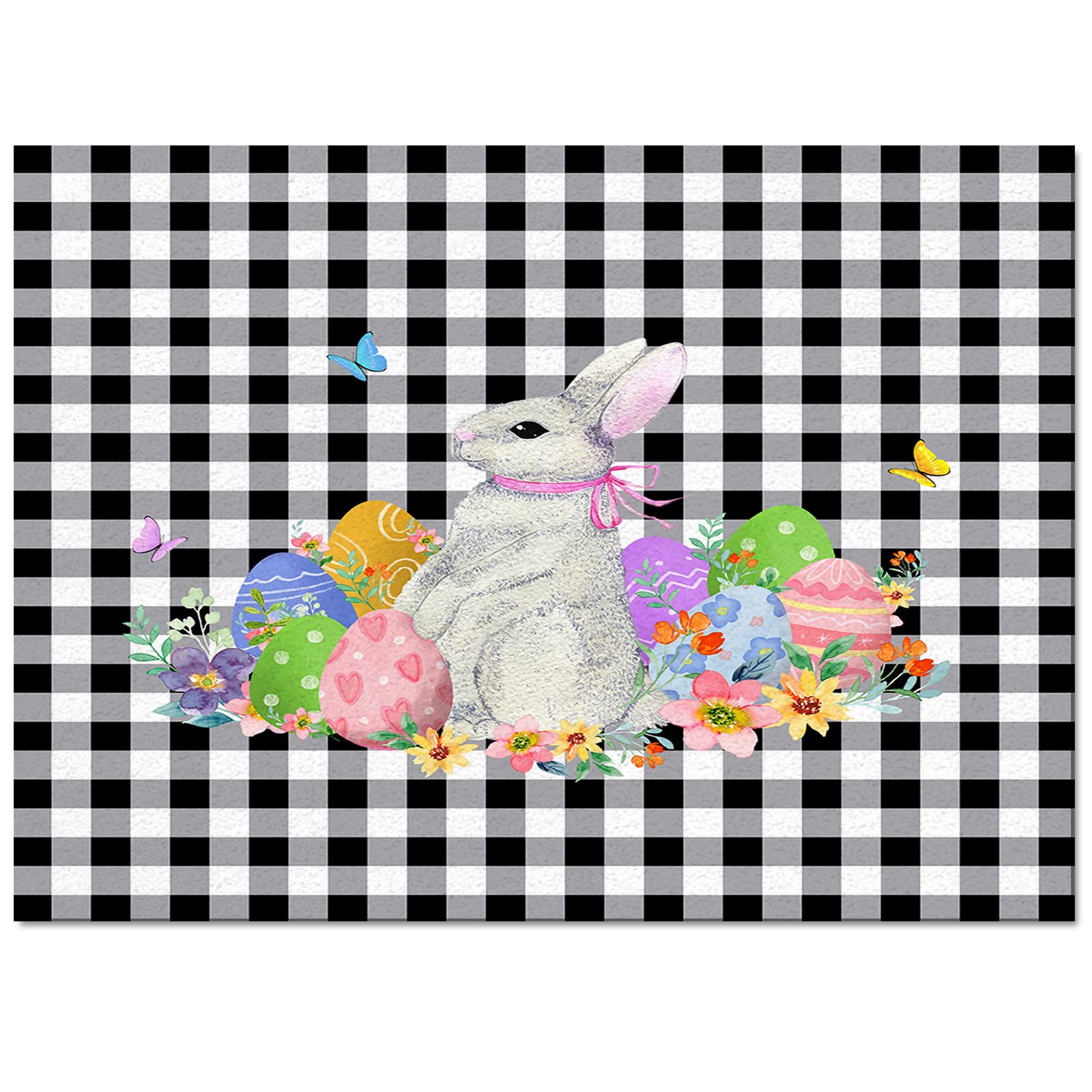 Non-Shedding Thick Area Rug Pad - 60x96 Inch Black and White Buffalo Plaid Floor Mat for Living Room, Bedroom, Kitchen - Easter Bunny Eggs Flower Design - Home Carpet Protection for Hardwood Floors & High Traffic Areas