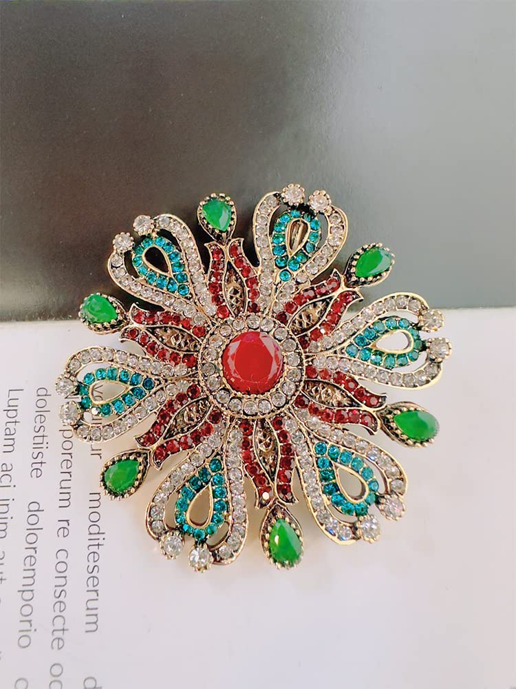 Elegant Rhinestone Baroque Flower Brooch Pin for Women - Red & Green Crystal Snowflake Lapel Pin | Perfect for Dresses, Suits, Weddings & Anniversary Gifts