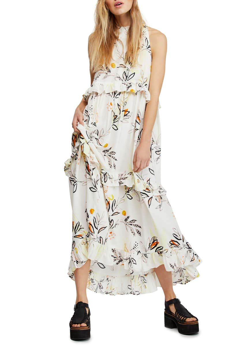 FreePeople Anita Floral Print Cotton Maxi Dress - Size Large, Ivory - Perfect for Beach Vacations, Summer Parties & Boho Fashion
