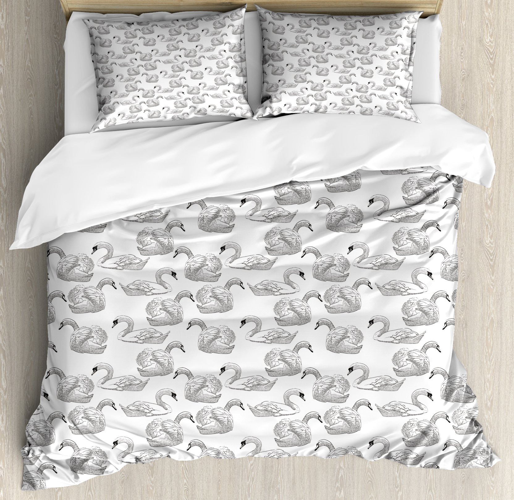 Ambesonne Swan Duvet Cover Set - Elegant Sketch Art of Swimming Waterfowls, 3 Piece King Size Bedding Set with 2 Pillow Shams, Black and White - Perfect for Master Bedroom, Guest Room or Luxury Hotel Decor