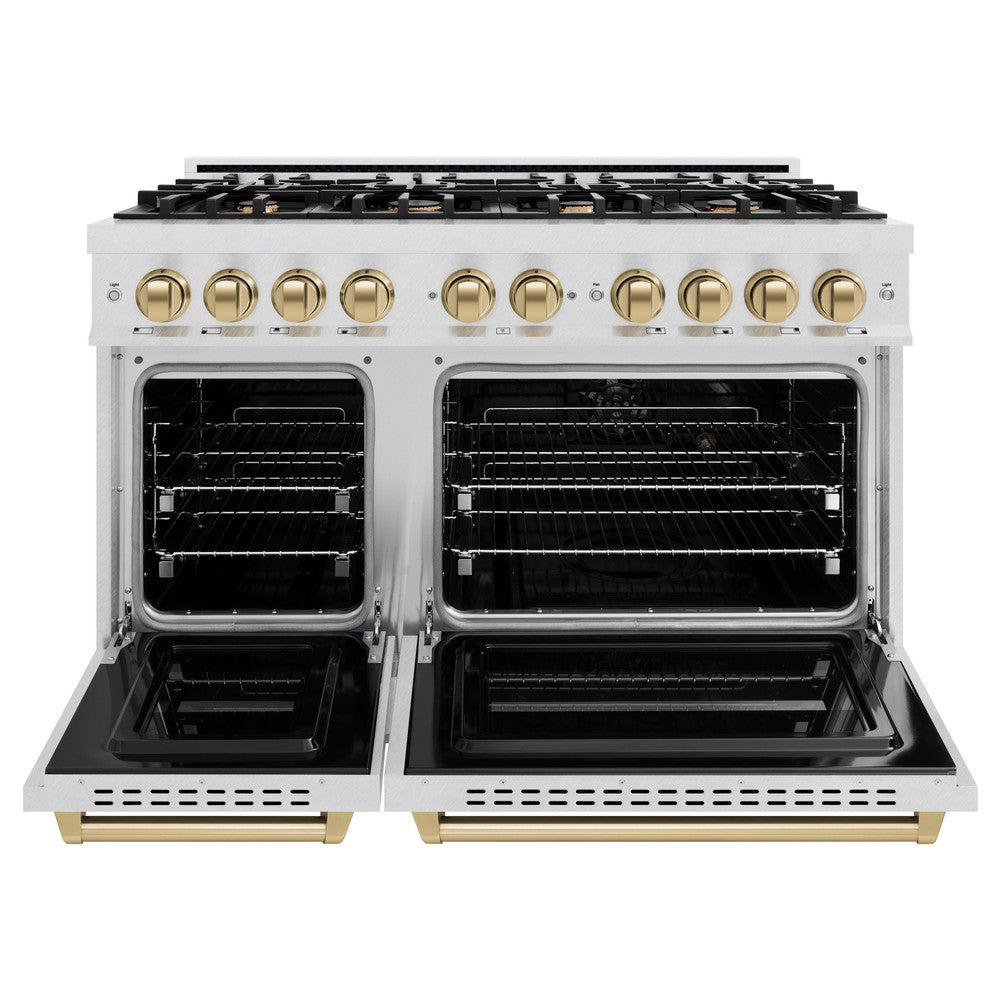 ZLINE Autograph Edition 48-inch 6.7 cu. ft. Classic Double Oven Gas Range with 8 Burner Cooktop in Satin Stainless Steel and Champagne Bronze Accents - Perfect for Large Kitchens, Home Chefs & Entertaining (CGRSZ 48 CB)