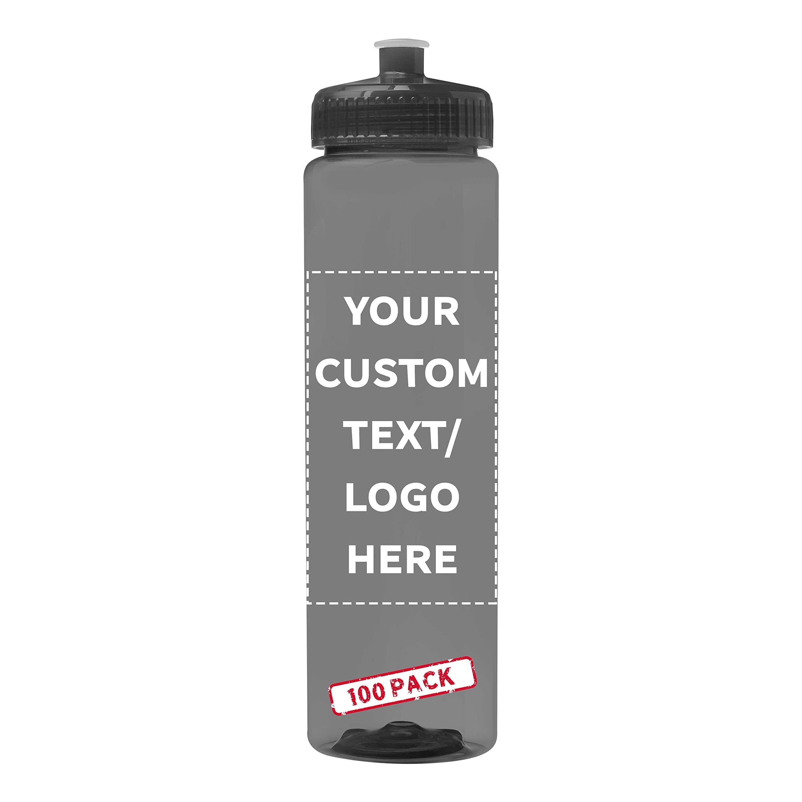100 Pack 32oz Clear Plastic Water Bottles with Push-Pull Lids - Custom Text & Logo Printing - Durable, Leak-Proof, BPA-Free - Ideal for Sports, Gym, Office & Outdoor Activities - Transparent Smoke Color