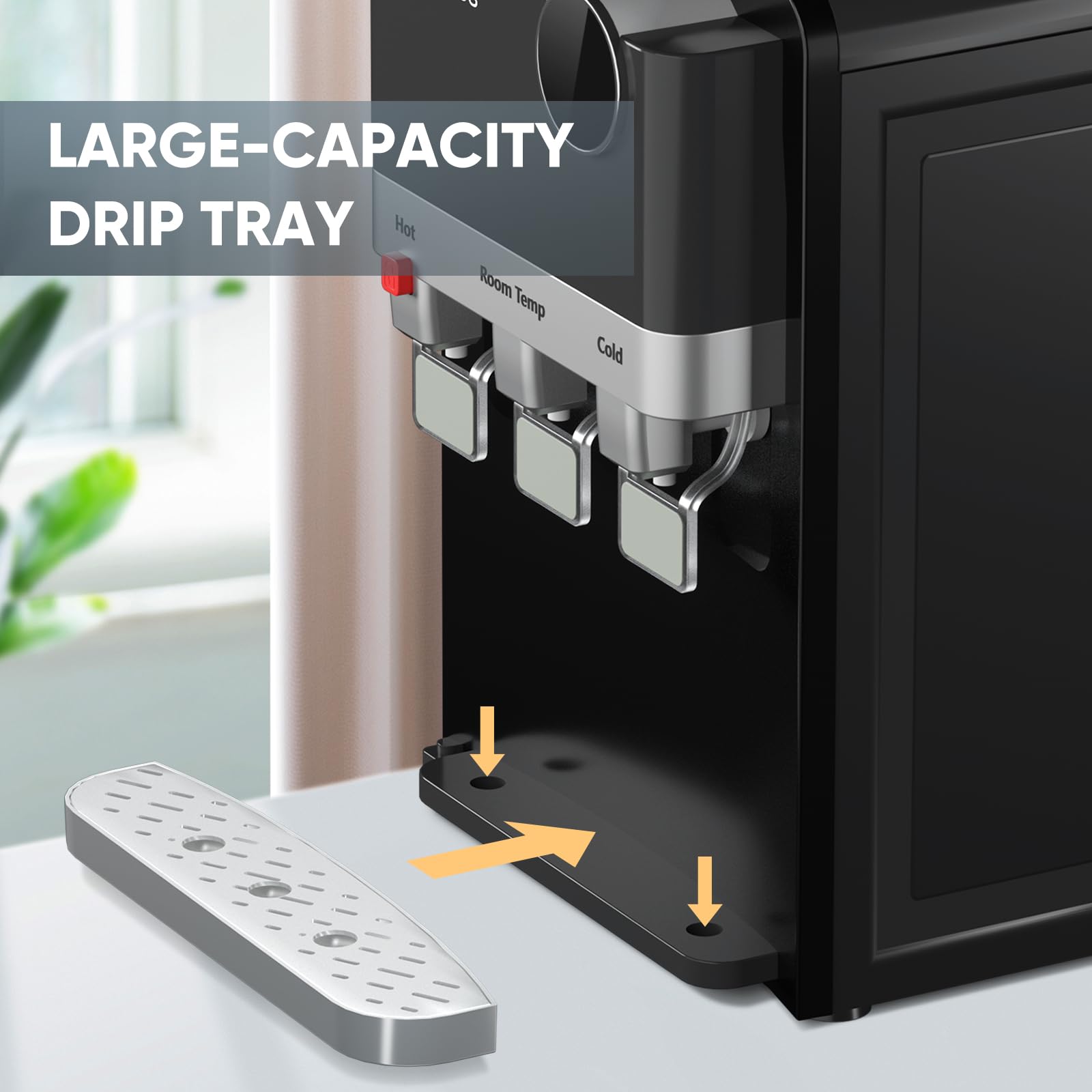 PUREPLUS Top Loading Water Cooler Dispenser with Hot & Cold Water - 3 Temperature Settings, Child Safety Lock for Home & Office - Countertop Water Fountain for 3/5 Gallon Bottles, Removable Drip Tray - Perfect for Kitchen, Break Room, Dorm & Office Hydration