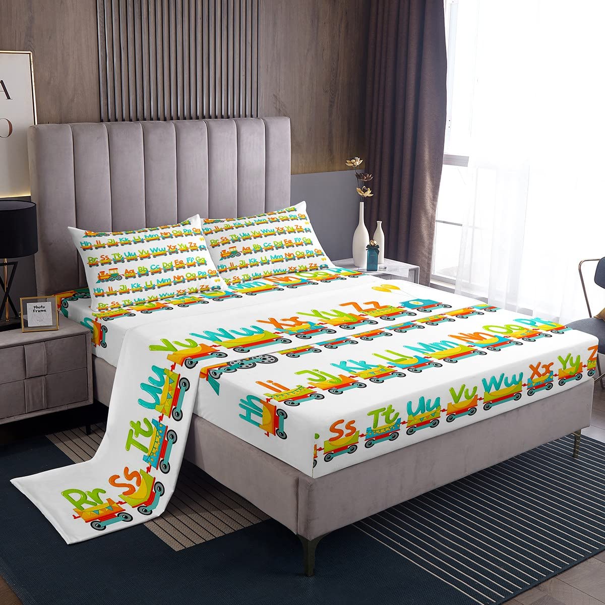 **Alphabet & Cartoon Truck Twin Size Bed Sheet Set for Kids - 3 Piece Colorful Car & Train Themed Bedding (Flat Sheet, Fitted Sheet) - Perfect for Boys & Girls Bedroom Decor, Birthday Gifts, and Car-Themed Nursery Ideas**