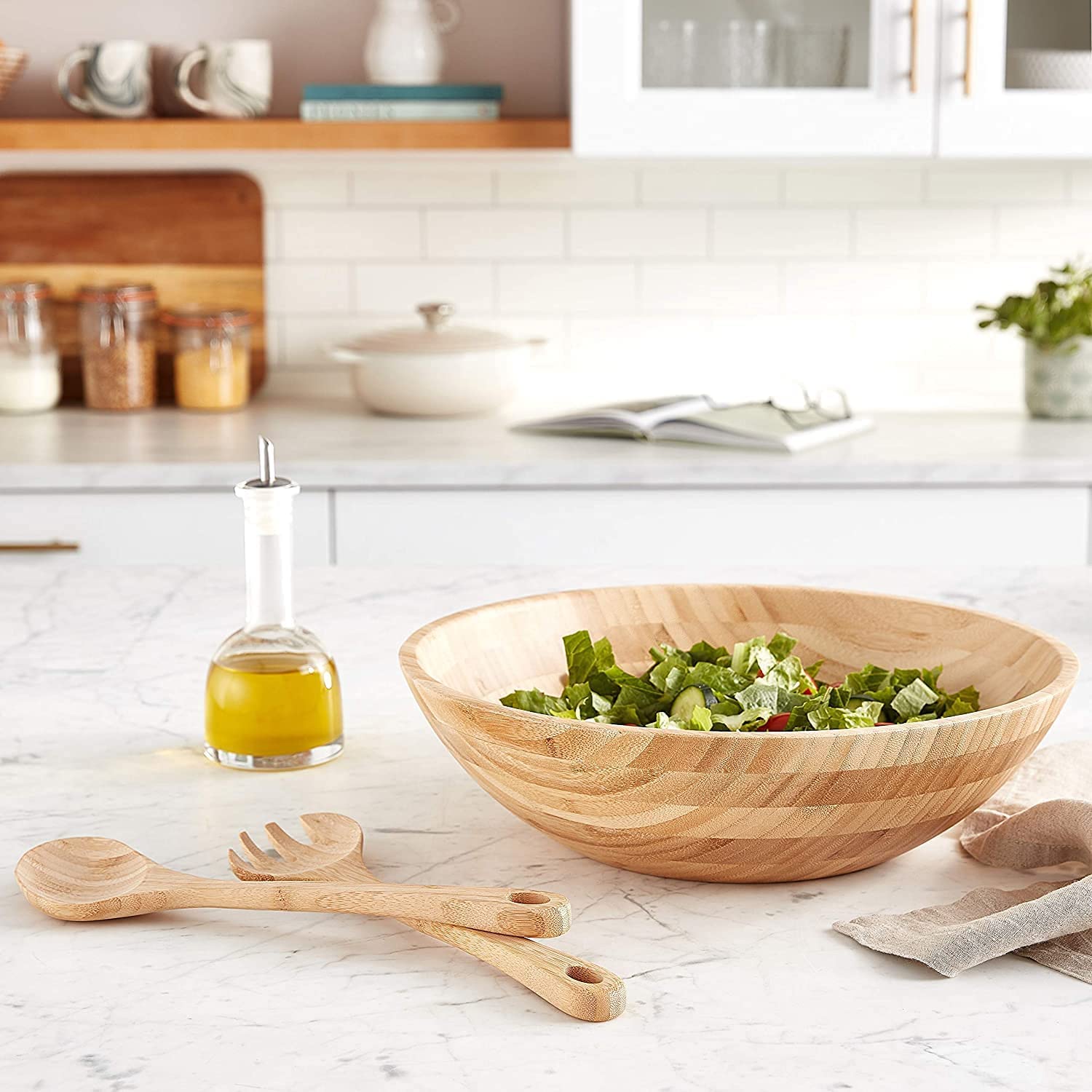 Lipper International 7-Piece Bamboo Wood Salad Bowl Set with Serving Utensils - Eco-Friendly, Durable & Lightweight for Healthy Meals, Entertaining & Picnics