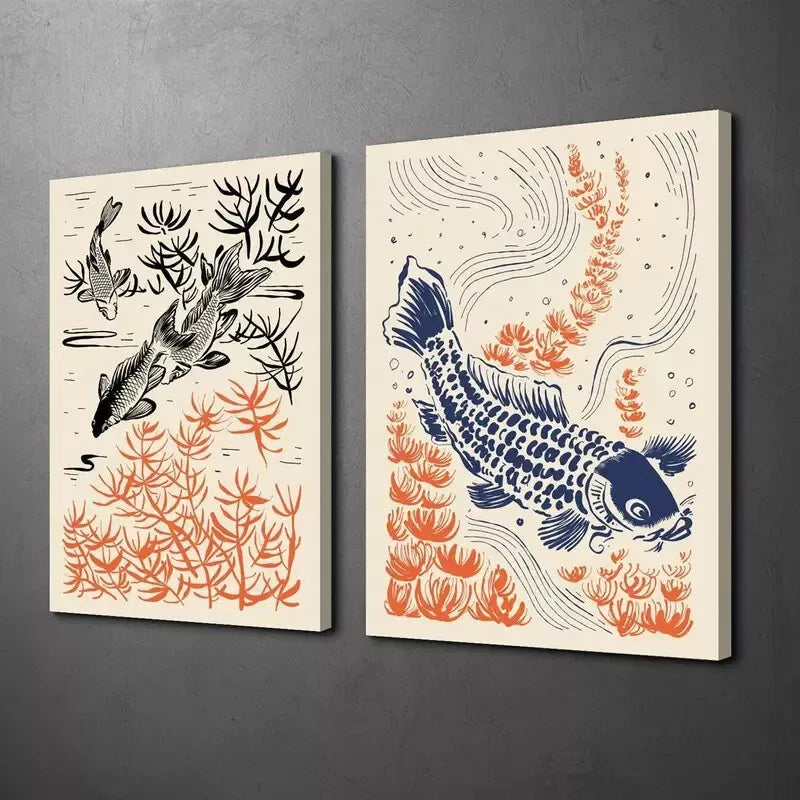 2-Piece Japanese Koi Fish & Floral Canvas Wall Art Set (50x75cm) - High-Quality Framed Print, 100% Australian Made, Ready to Hang - Perfect for Living Room, Bedroom & Office Decor