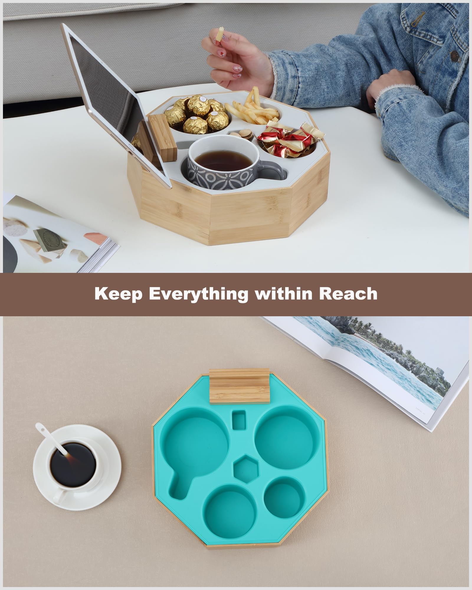 Hitseon Octagonal Silicone Bamboo Sofa Cup Holder with Rotatable Phone Stand - Waterproof Anti-Spill Couch Tray for Drinks, Snacks & Remote Control - Perfect for Living Room, Bedroom, Car & Office (Black)