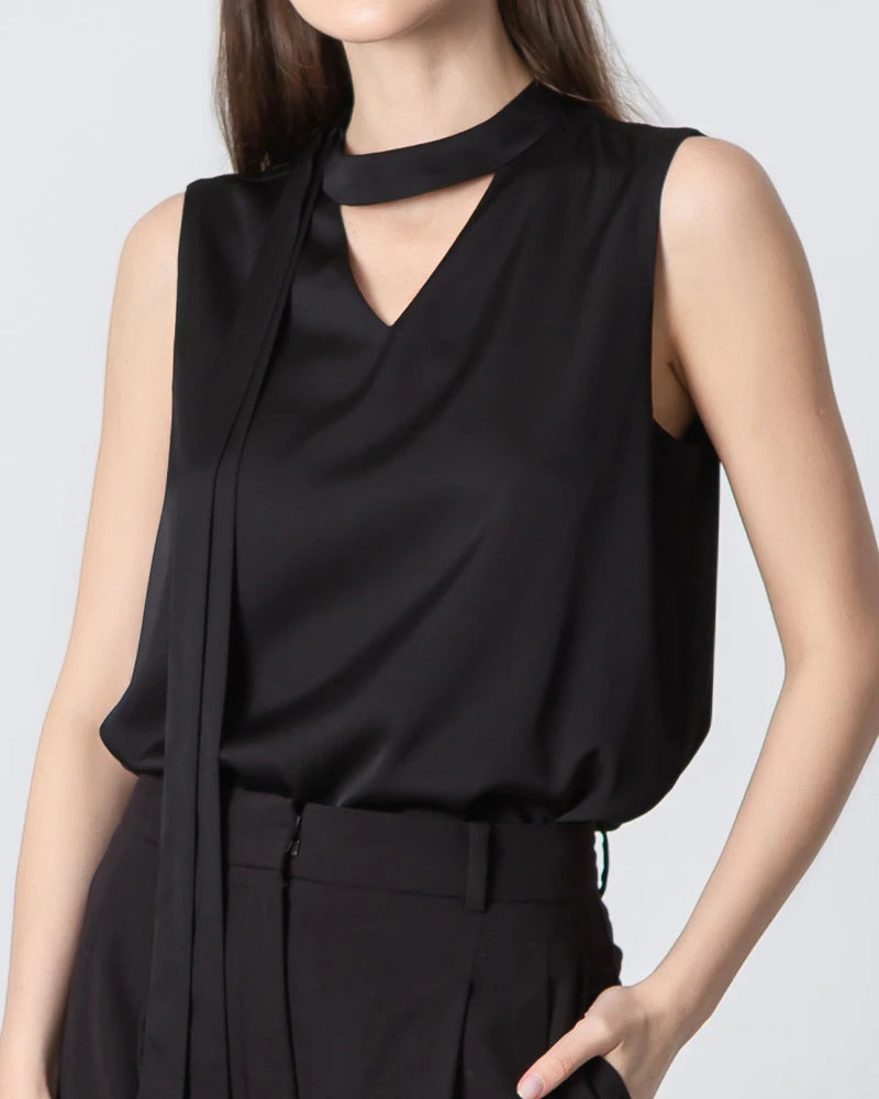 Elegant V-Neck Tie Front Sleeveless Silk Blouse for Women - Perfect for Office Wear, Date Night & Special Occasions