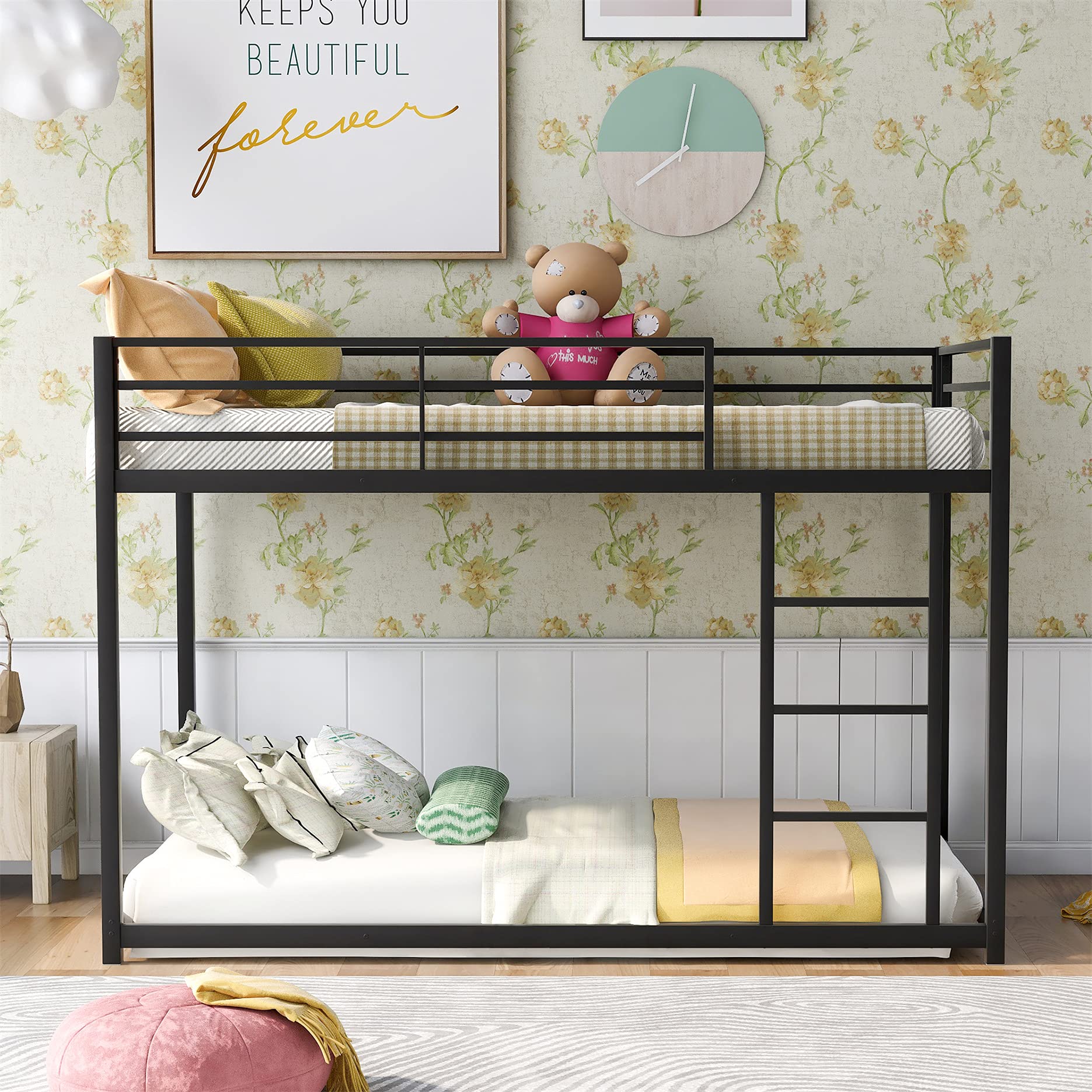 Merax Twin Over Twin Low Bunk Bed with Ladder & Safety Rails - Sturdy Metal Frame Bunk Bed for Kids, Teens & Adults - Space-Saving Bedroom & Dorm Furniture - Perfect for Small Rooms, Shared Spaces & Guest Accommodations (Black)