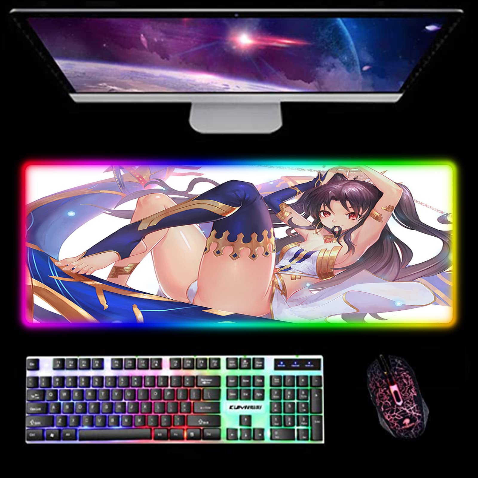 RGB Gaming Mouse Pad with LED Backlit - Extra Large 31.5x11.8 Inch Anime Tohsaka Rin Design Non-Slip Desk Mat for PC, Computer, Keyboard & Mouse - Perfect for Gaming Setup, Office Work & Home Decor