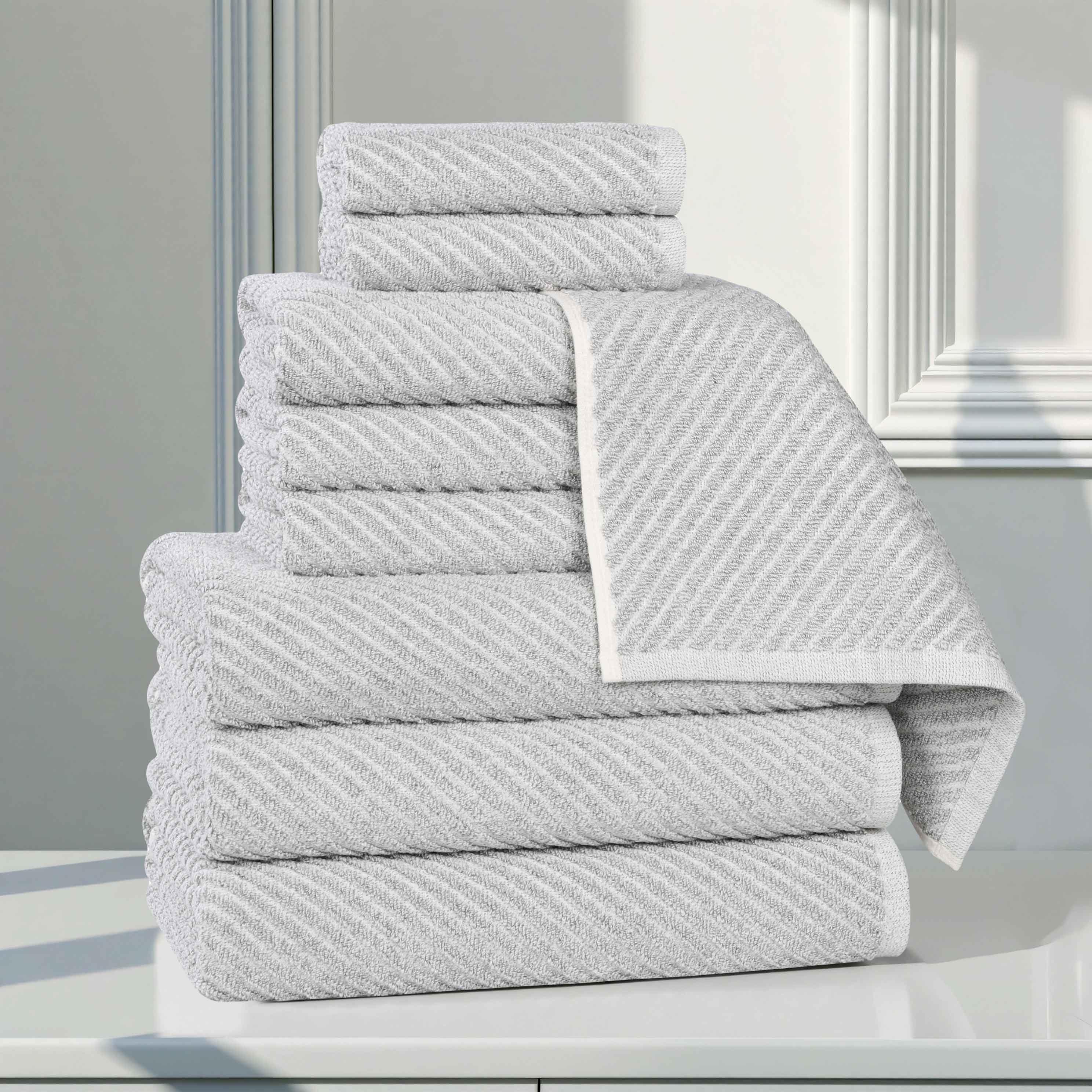 Premium 9-Piece Cotton Blend Towel Set - Soft, Absorbent & Medium Weight with Diagonal Stripes - Perfect for Bathroom, Spa, Gym & Guest Use
