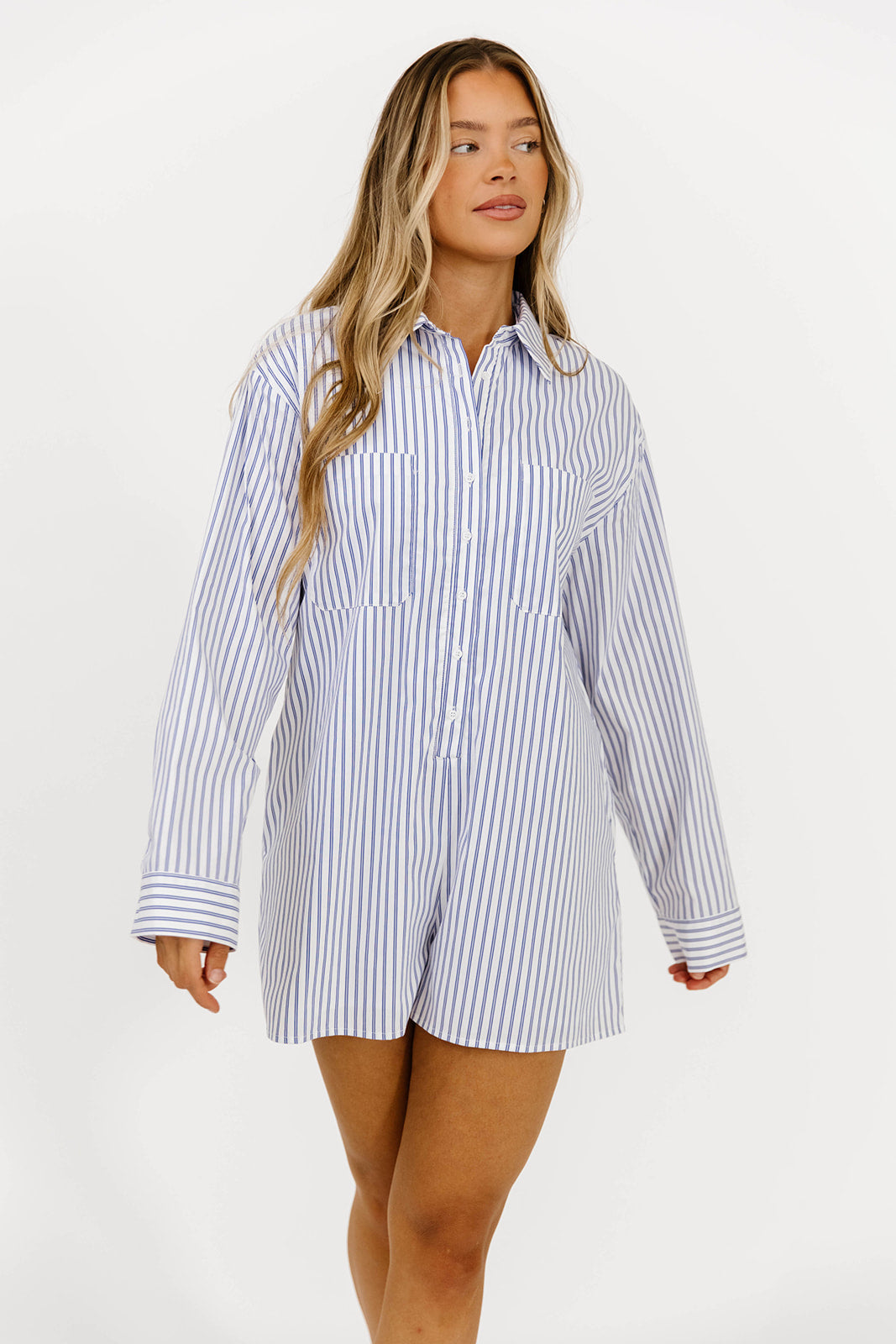 Etta Oversized Striped Shirt Romper for Women - Blue Casual Jumpsuit with Pockets | Perfect for Beach, Vacation & Summer Outfits