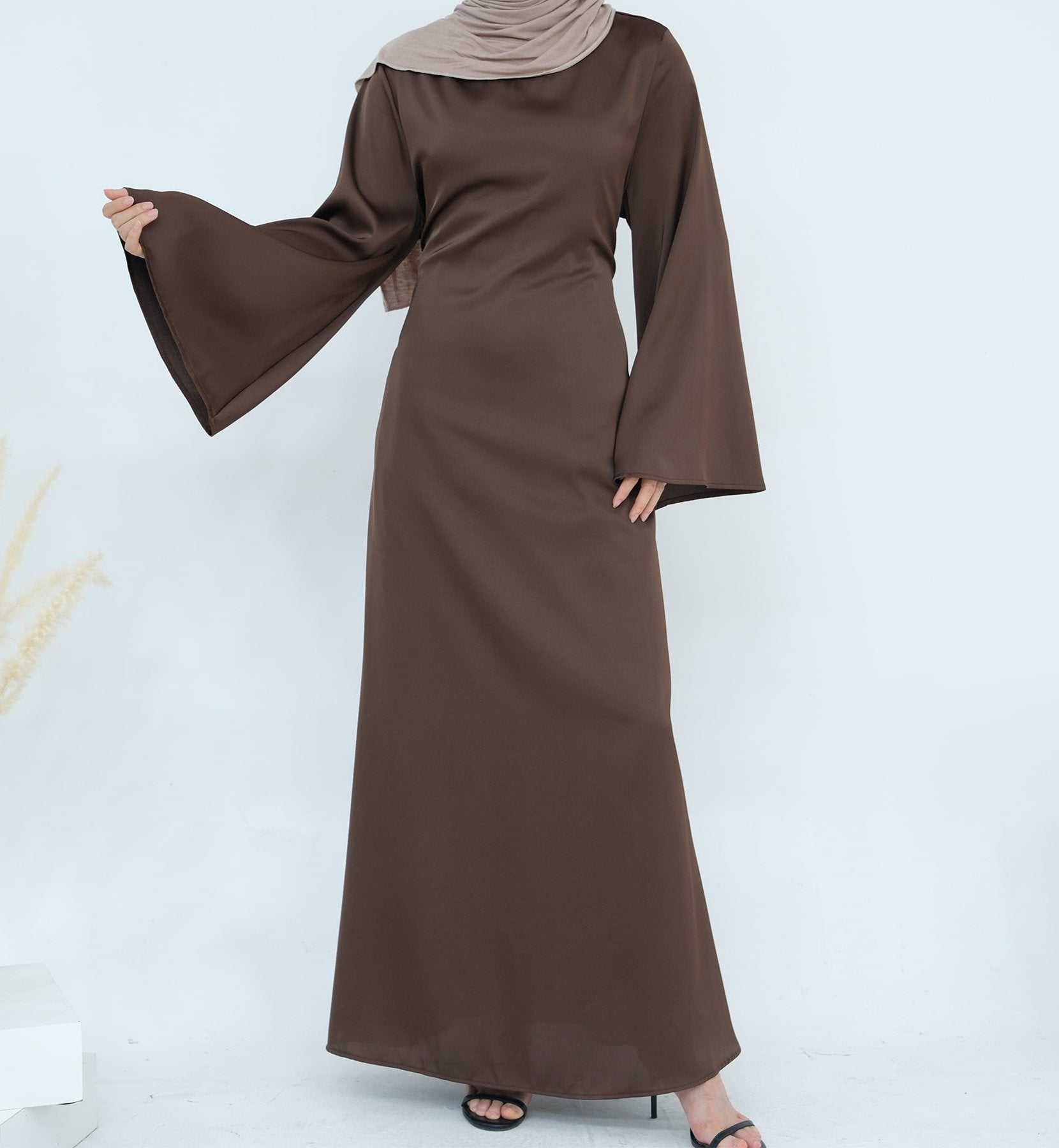 Elegant Calista Trumpet Sleeves Satin Dress in Brown - Perfect for Weddings, Parties & Special Occasions