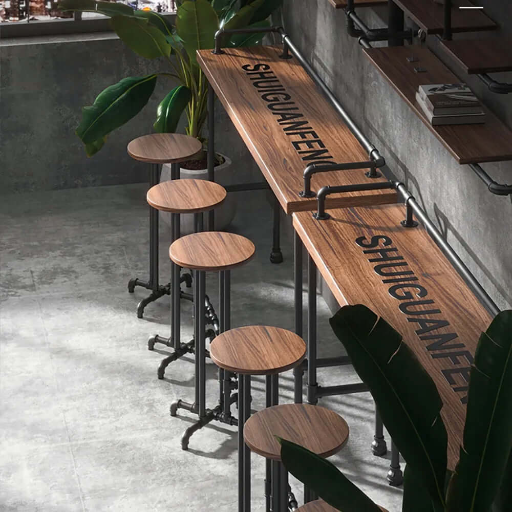 Industrial Bar Stool with Footrest - Solid Wood Bar Height Stool in Black Finish for Kitchen Island, Home Bar & Commercial Use