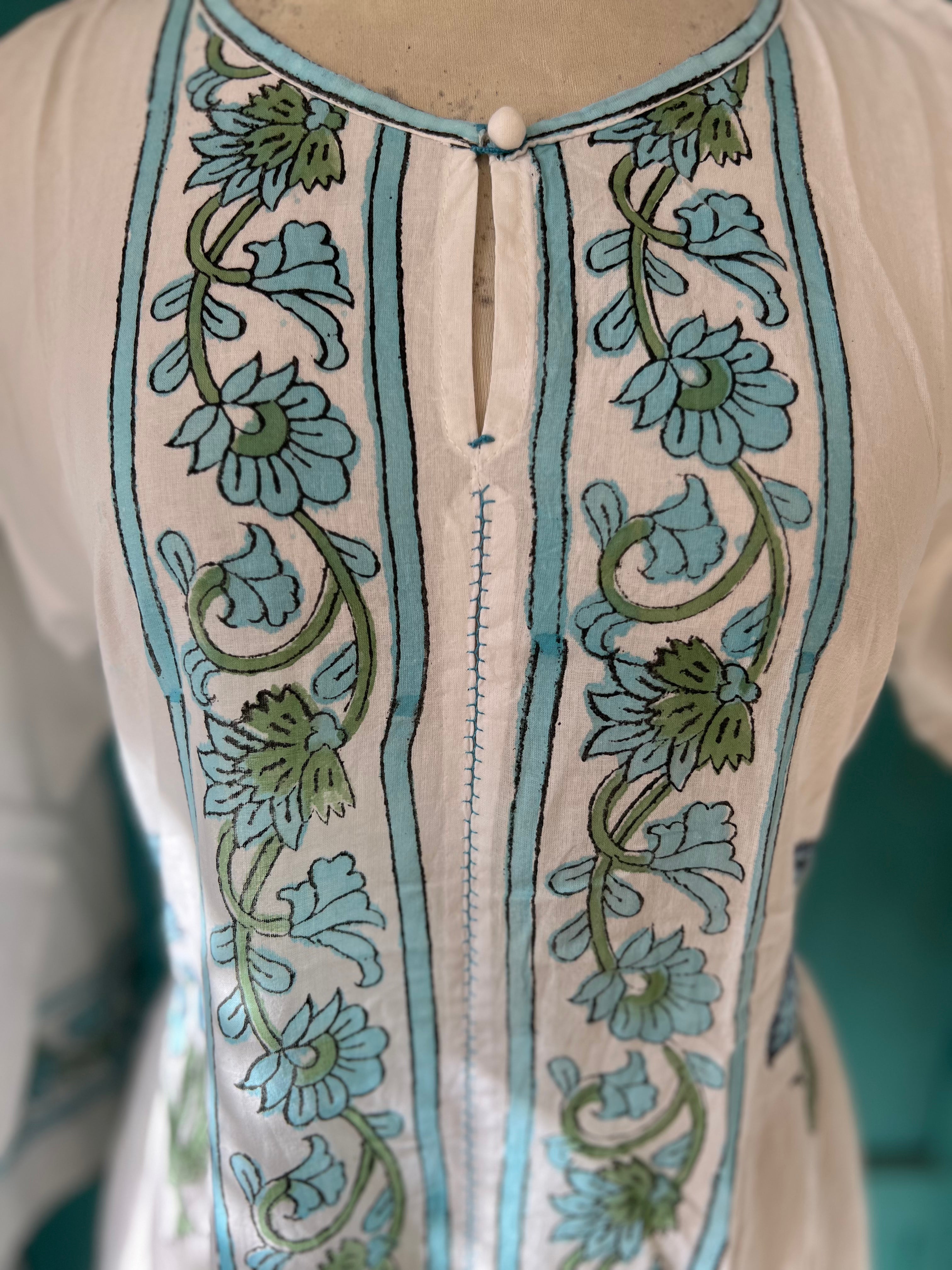 Exquisite Mughal Style Turquoise Block Print Dress – Elegant Ethnic Wear for Festivals, Weddings & Cultural Events