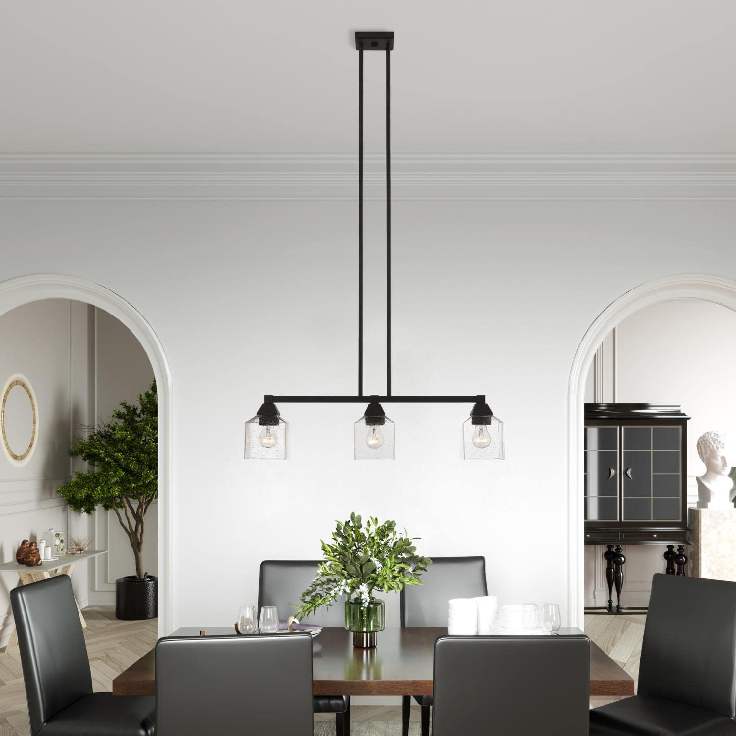 Black Aragon 3-Light Linear Chandelier - Modern LED Pendant Lighting for Dining Room, Kitchen Island & Entryway (Model 49763-04)