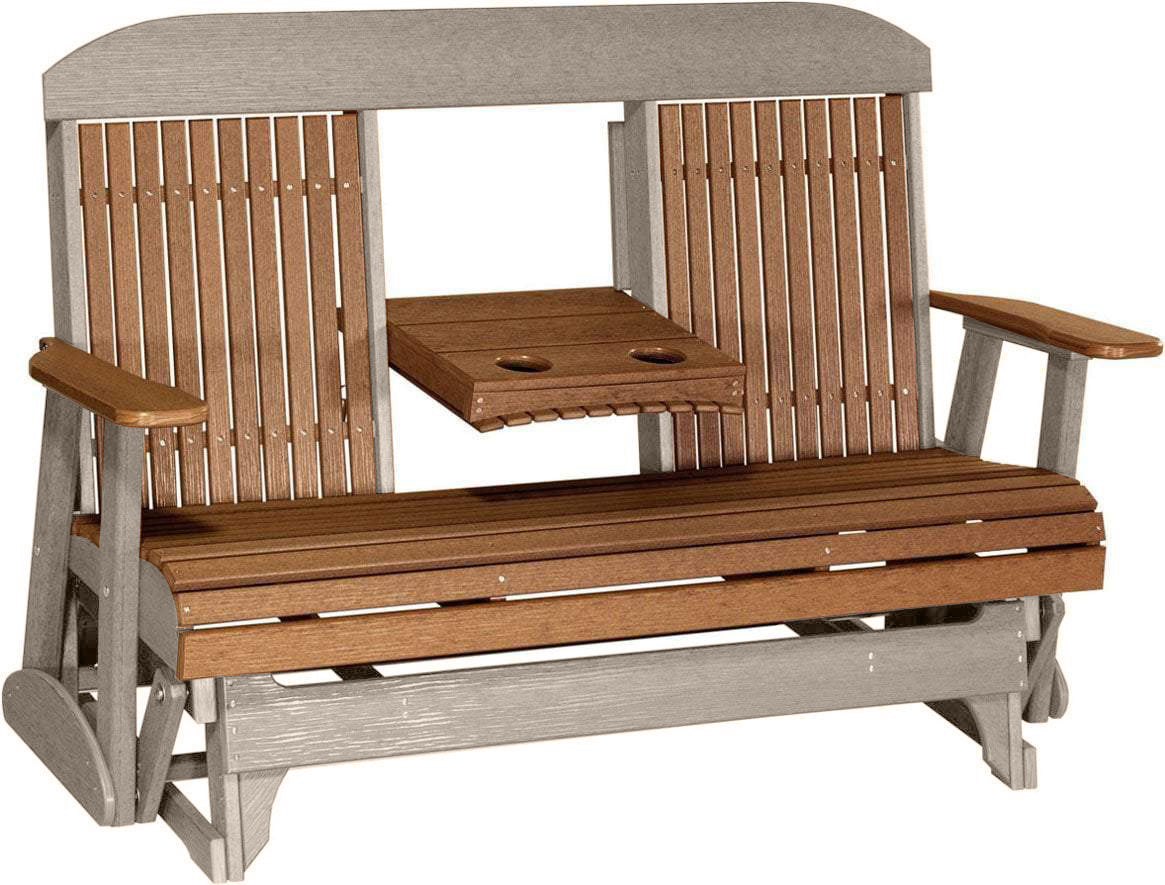 LuxCraft 5 ft Antique Mahogany Recycled Plastic Highback Outdoor Glider Bench with Cup Holder - Weather-Resistant Patio Swing for Garden, Porch & Backyard Relaxation