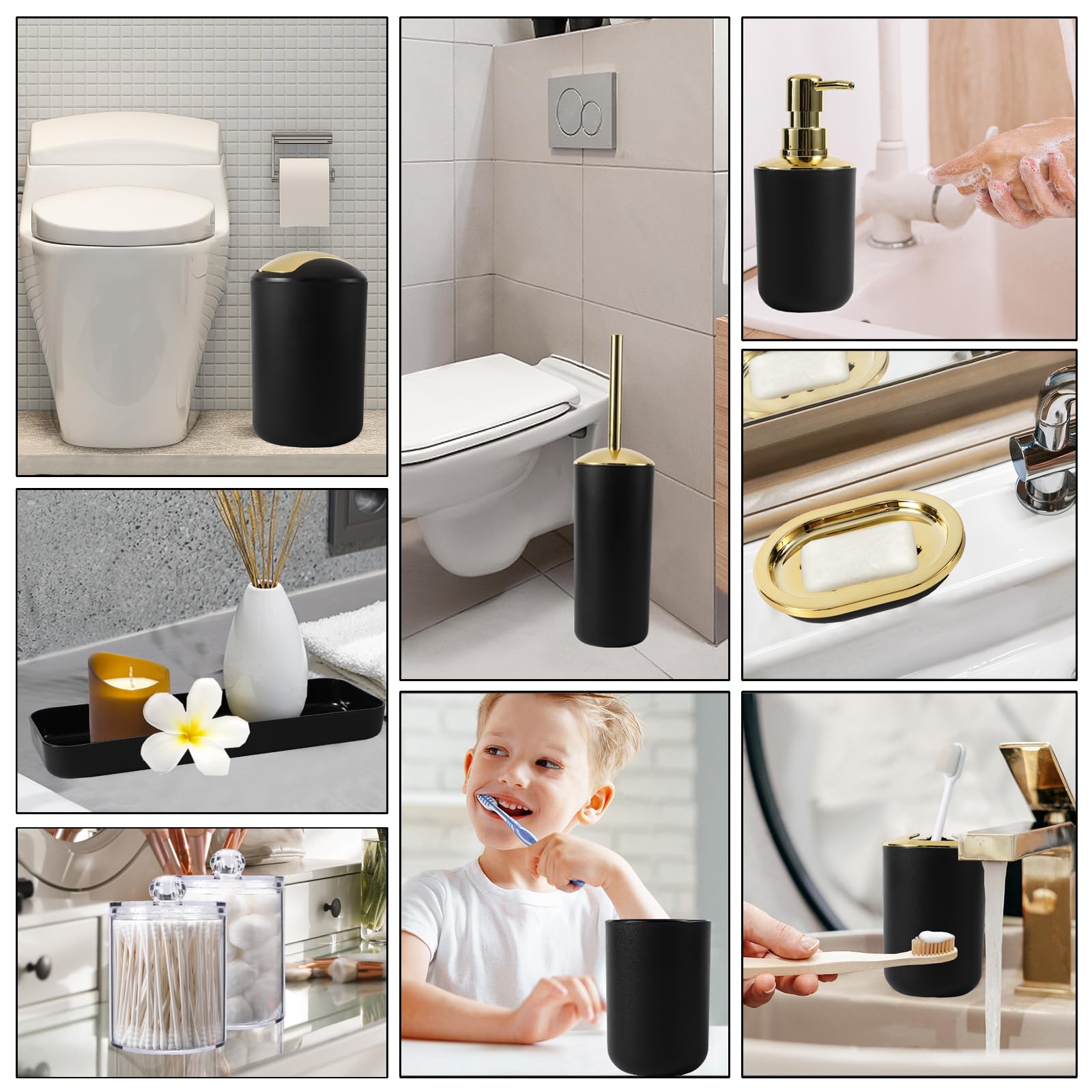 Premium 9-Piece Black & Gold Bathroom Accessories Set - Modern Soap Dispenser, Toothbrush Holder, Toilet Brush with Stand, Waste Bin, Soap Dish, Tumbler & Organizer Tray | Luxury Spa-Style Vanity Decor for Master Bath, Guest Bath & Powder Room