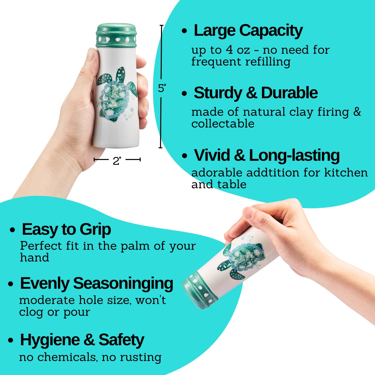 Turtle Salt and Pepper Shakers Set - Coastal Ocean Nautical Kitchen Decor in Teal & Turquoise, Large Hawaiian Beach-Themed Shakers, Cute Sea Turtle Design for Labor Day Gifts | Perfect for Beach House, Coastal Kitchen, and Tropical-Themed Dining Decor