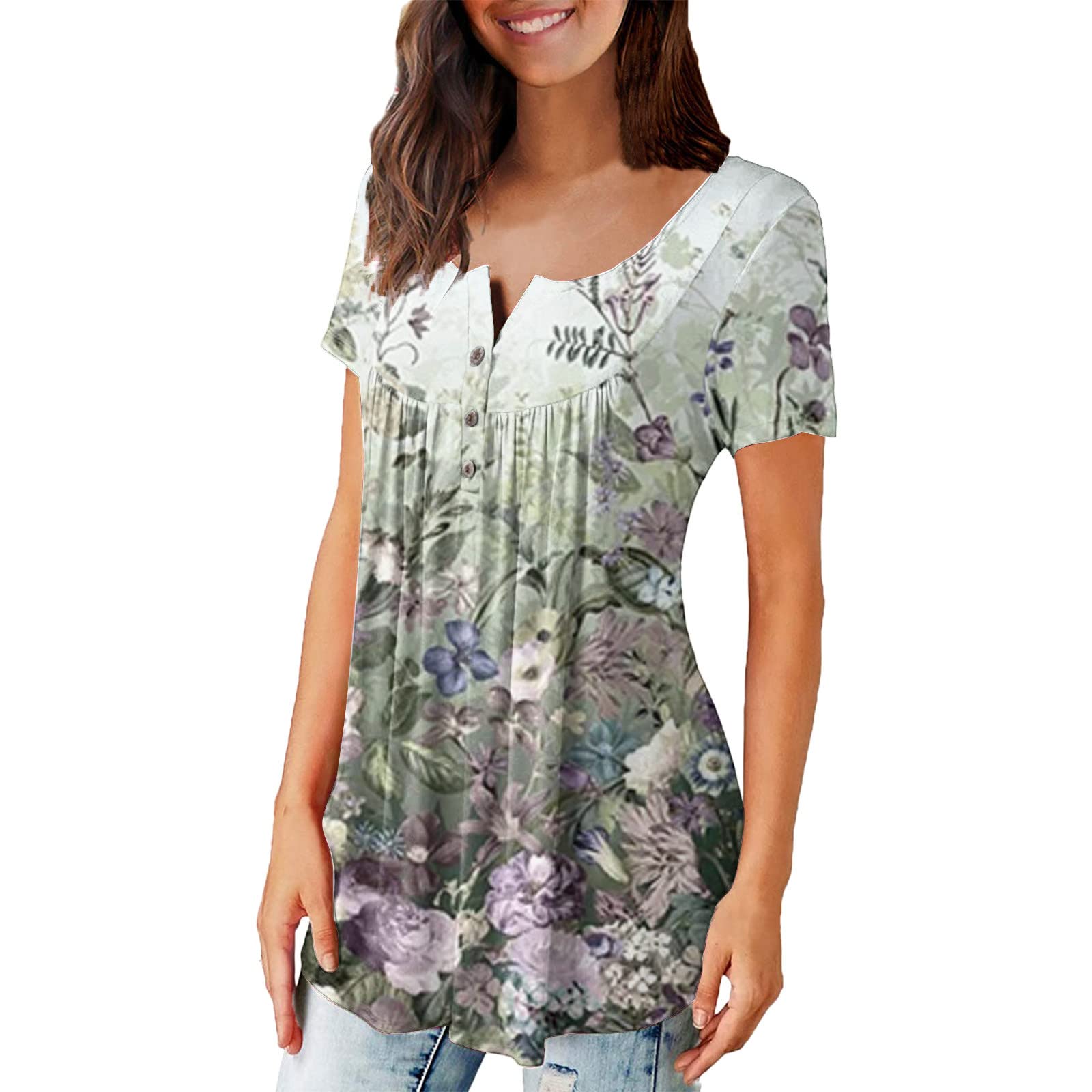 TUNXYU Women's Long Black Tunic Tops - Short Sleeve Button Up Casual Blouse with Ruched Detail for Leggings | Perfect for Work, Yoga & Everyday Wear