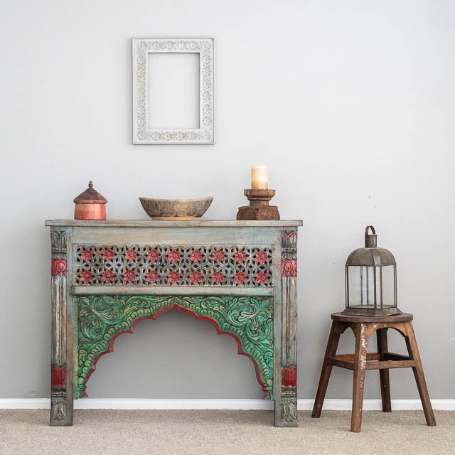 Hand Carved Wooden Indian Console Table - Solid Wood Entryway Table for Hallway, Living Room & Foyer Decor | Traditional Handcrafted Furniture for Home & Office