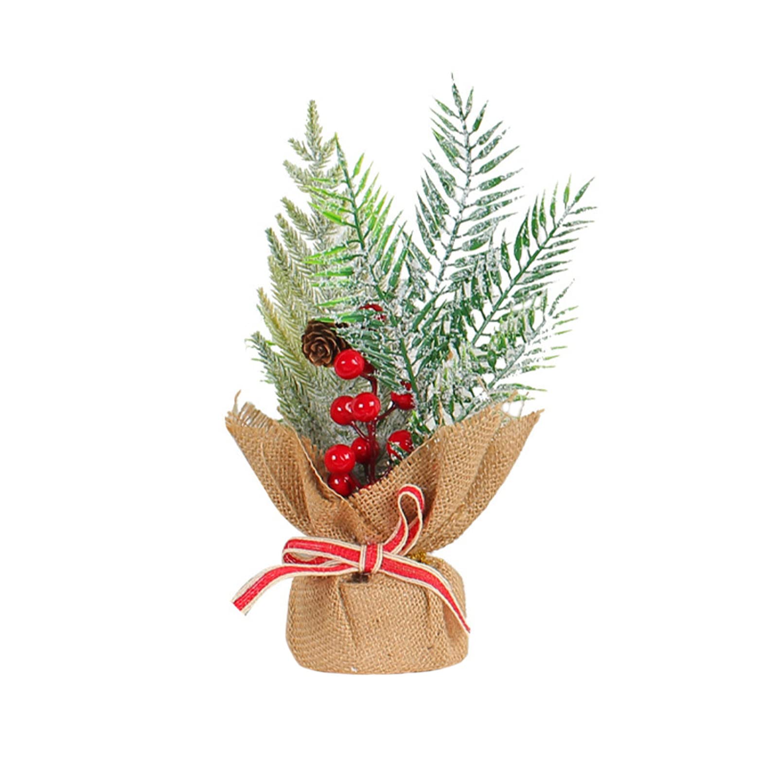 Kemengsuer Mini Artificial Christmas Tree - Small Faux Pine Tree Decor with Pine Cones, Berries & Frosted Branches - Rustic Burlap Base - Perfect for Office, Party & Home Decor (DIY Holiday Ornaments) - Ideal for Christmas Tablescapes, Mantel Displays & Gift Wrapping Accents