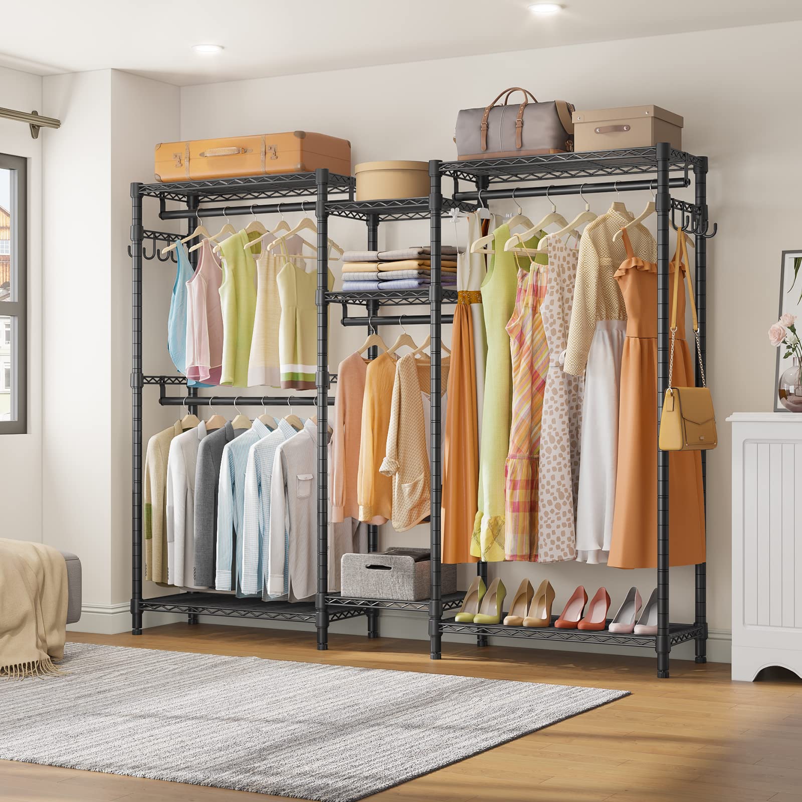 Heavy Duty Metal Clothing Rack with Shelves - Adjustable Freestanding Garment Rack for Bedroom, Portable Wardrobe Organizer - Perfect for Hanging Clothes, Storing Shoes & Organizing Accessories (Black)
