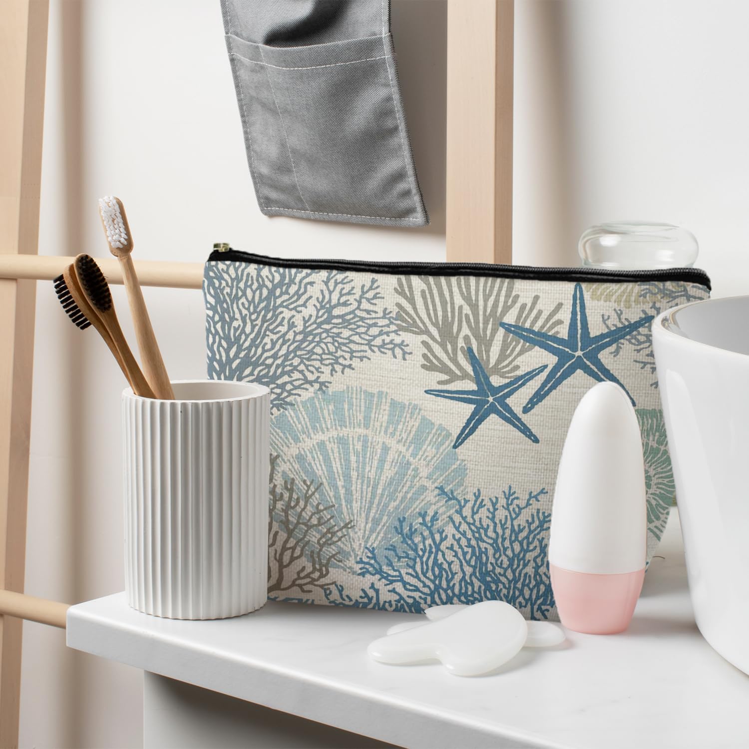 Ocean Starfish Coral Seashell Makeup Bag - Waterproof Cosmetic Pouch for Women | Marine Life Sea Animal Beach Vacation Gift | Perfect for Travel, Pool Parties & Summer Essentials