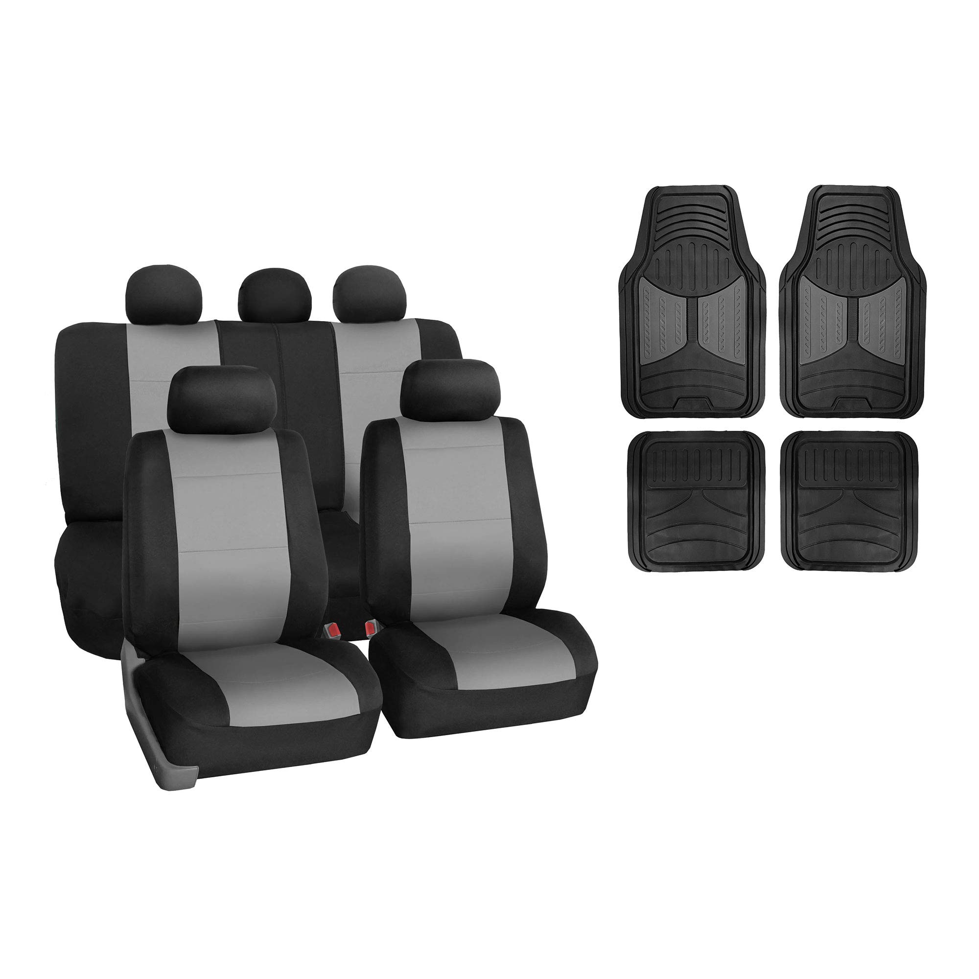 TLH Neoprene Gray Universal Car Seat Covers Full Set with Airbag Compatibility & Waterproof Protection - Includes Trimmable Monster Eye Floor Mats - Perfect for Cars, Trucks, SUVs - Ideal for Daily Commuting, Road Trips & Outdoor Adventures