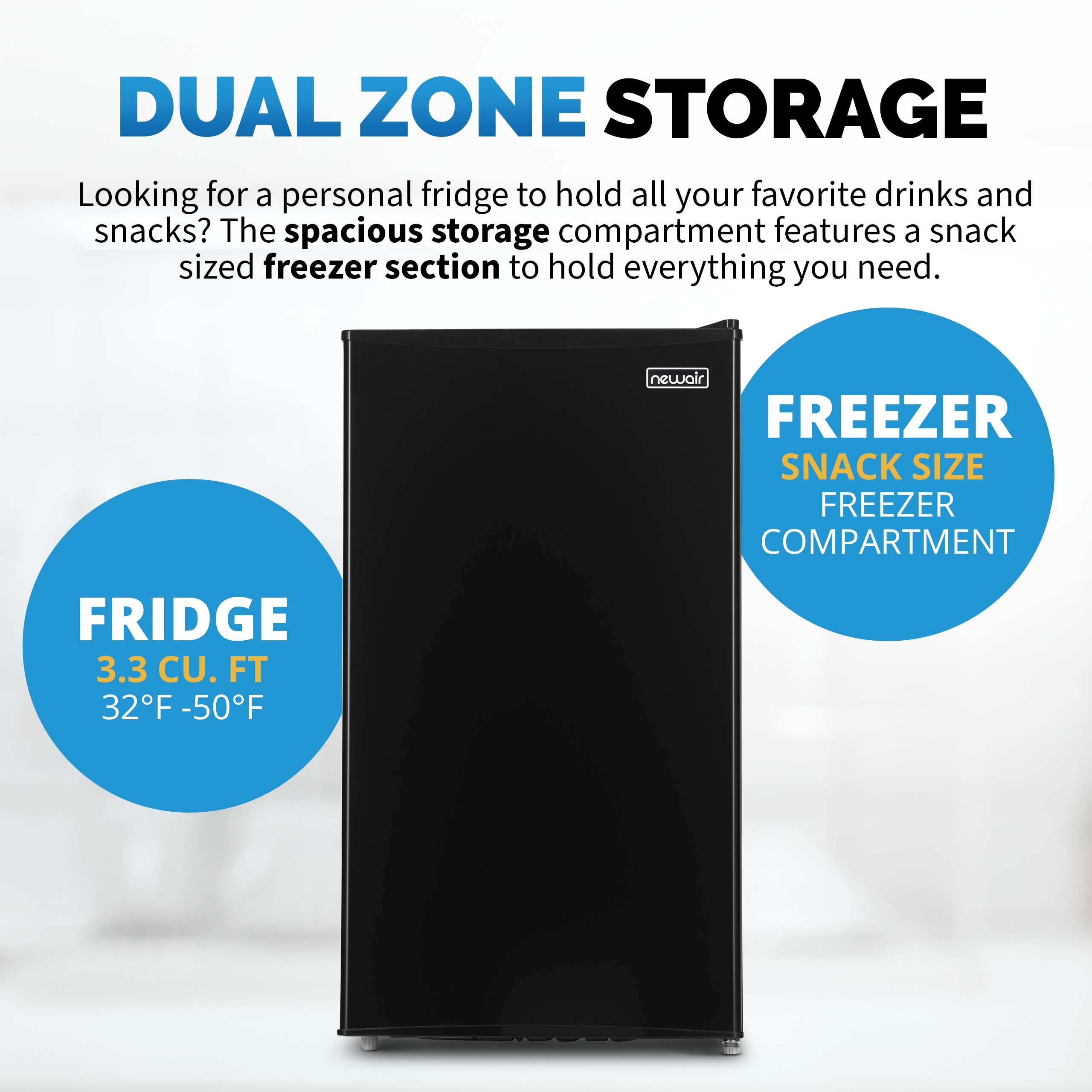 Newair® 3.3 Cu. Ft. Compact Mini Fridge with Freezer - Energy Efficient Black Refrigerator for Bedroom, Dorm, Office & Small Spaces - Perfect for Snacks, Drinks & Personal Food Storage