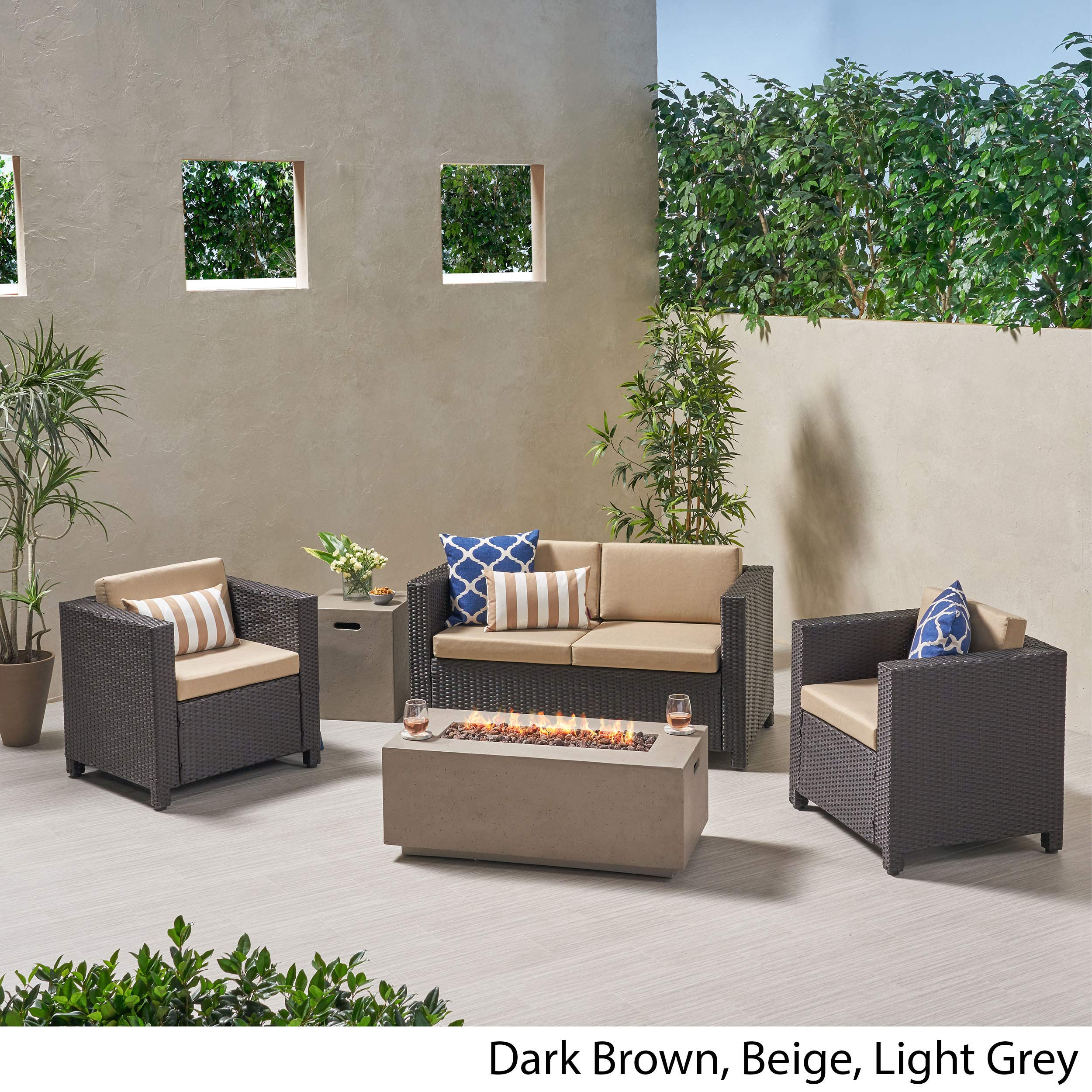 Outdoor 4-Seater Wicker Patio Furniture Set with Fire Pit - Dark Brown & Beige Rattan Conversation Set for Backyard, Garden, Poolside or Deck Relaxation