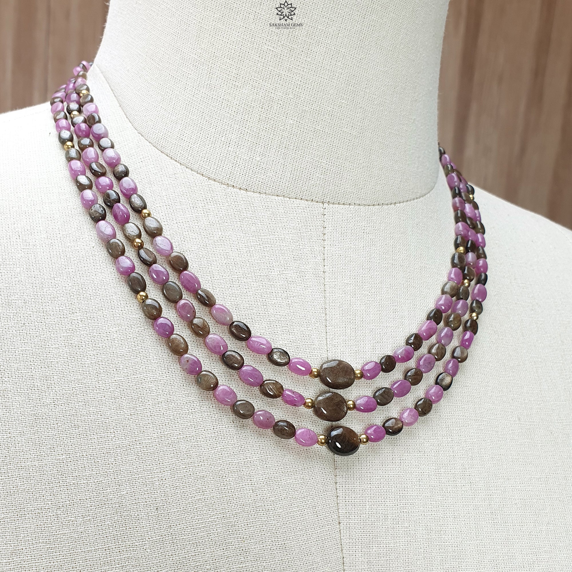 Natural Untreated Golden & Pink Sapphire Gemstone Beads Necklace - Oval Shape Brass Jewelry (18