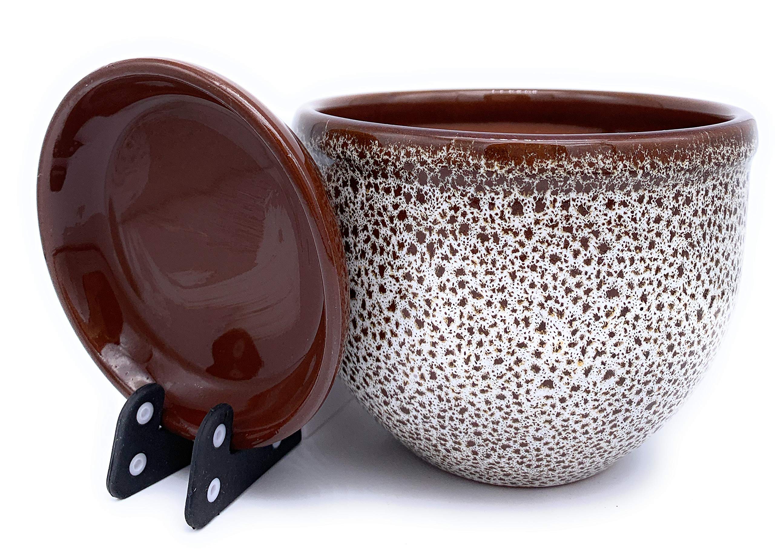 Glazed Ceramic Plant Pot with Saucer - 4.7 Inch Round Terracotta Flower Pot with Drip Tray - Sun Cakes Brown Clay & Sea Foam Design - Perfect for Indoor Plants, Succulents, Herbs & Home Decor