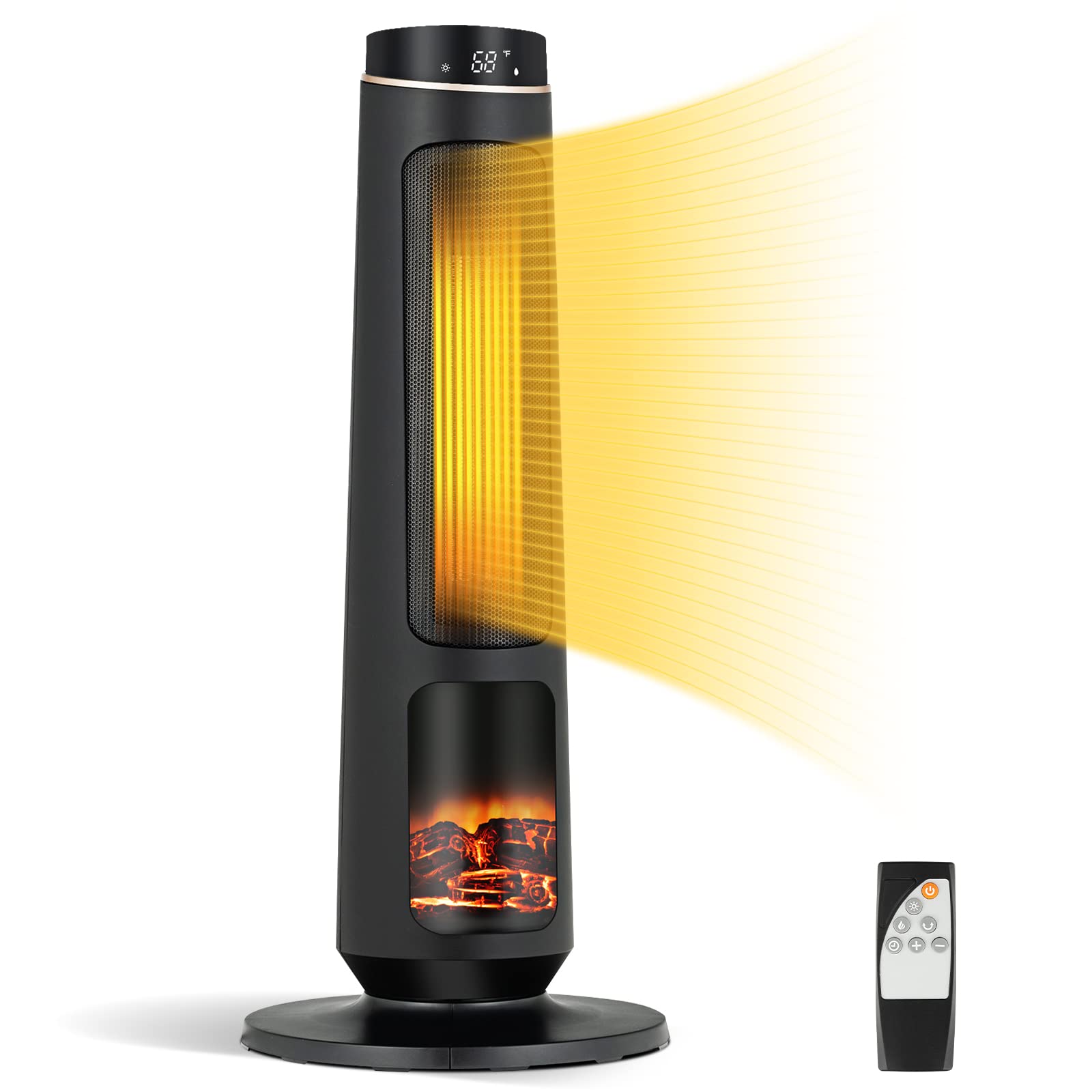 Tangkula 1500W Oscillating Ceramic PTC Tower Space Heater - Fast Heating Portable Electric Heater with Thermostat, Remote Control, 3 Modes & 12H Timer - Realistic 3D Flame Effect for Home, Office, Bedroom - Energy Efficient Winter Heating Solution (Black)