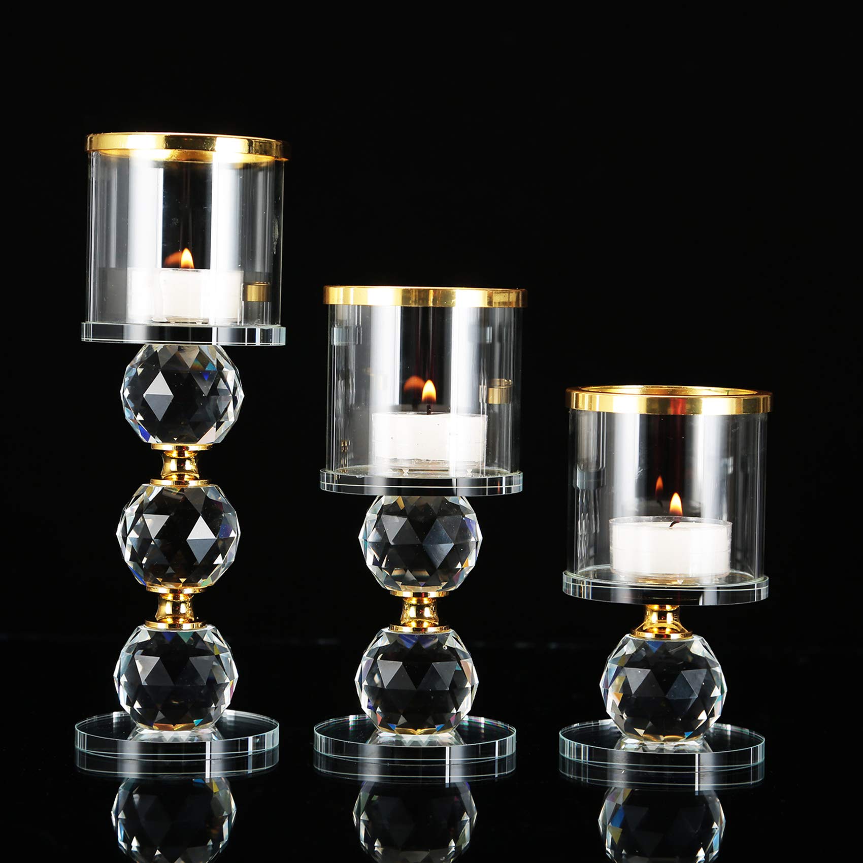 3 Crystal Candle Holders Set - Elegant Table Centerpiece for Living Room, Dining & Parties