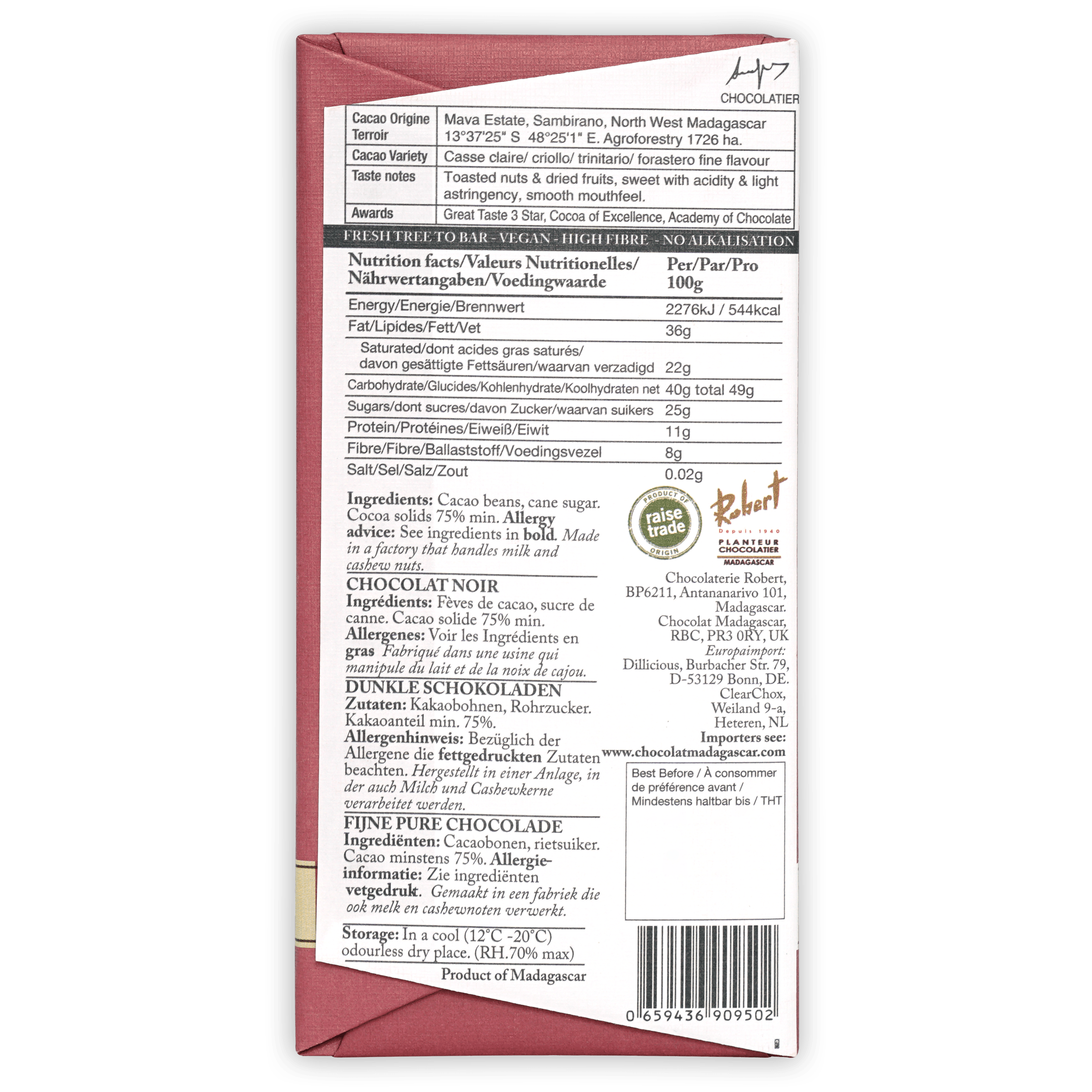 Premium Madagascar Domaine Mava 75% Dark Chocolate Bar - Rich Cocoa Flavor for Gourmet Desserts, Gift Giving & Healthy Snacking