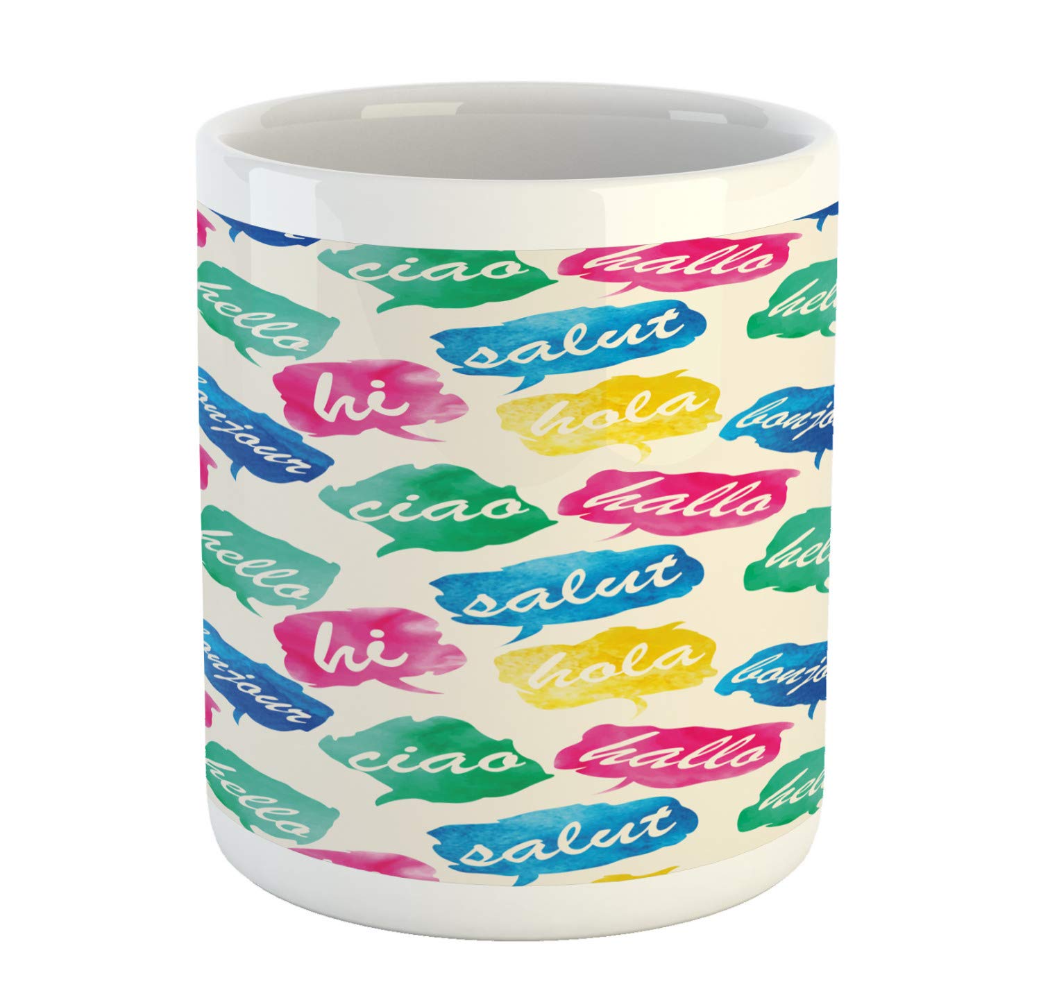Lunarable Hello Mug - Watercolor Bubbles with Multilingual Greetings, 11oz Ceramic Coffee Cup for Tea & Hot Drinks (Eggshell/Multicolor) - Perfect for Office, Home & Gift Giving